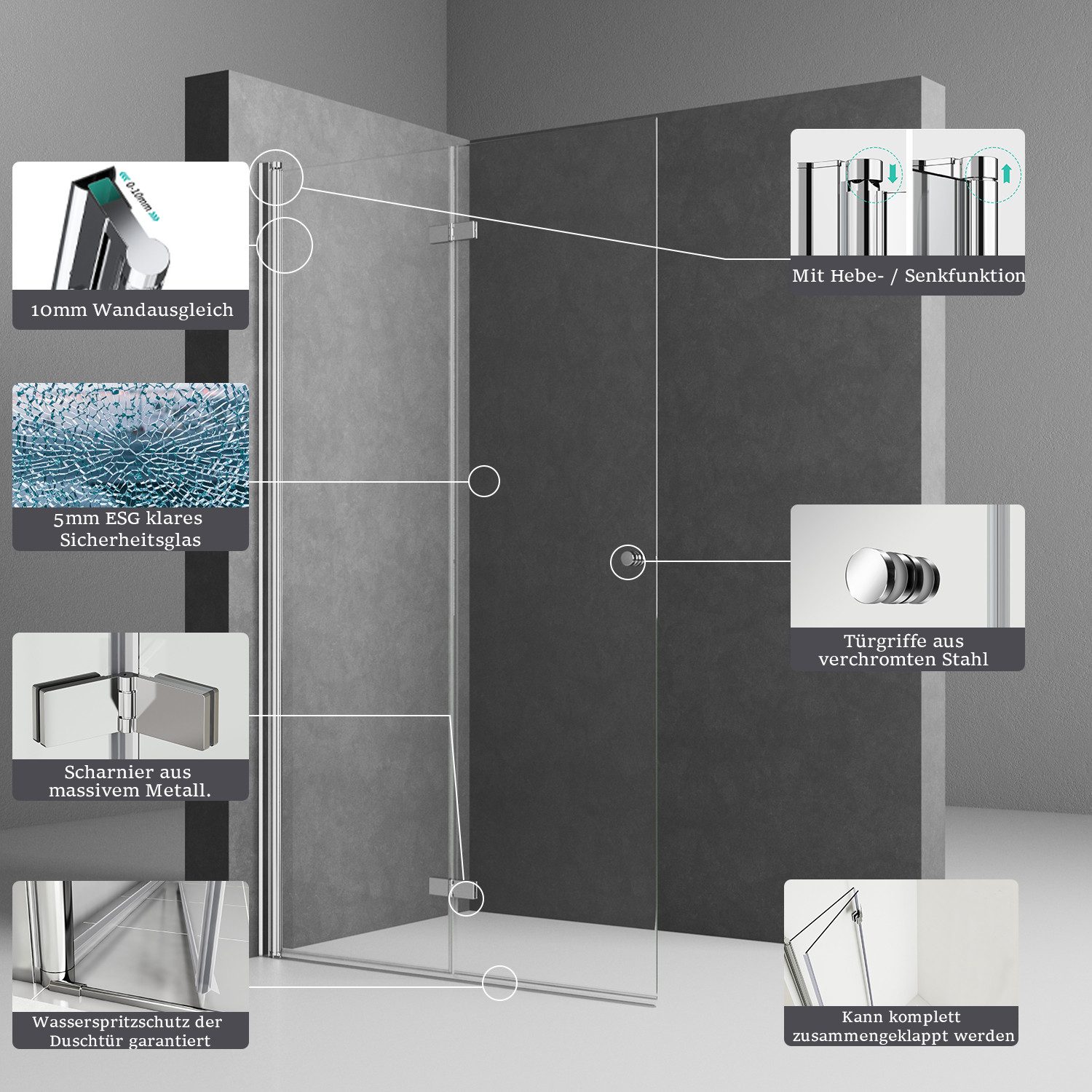 Boromal Walk-in-Dusche Duschwand Duschabtrennung Walk-In Dusche Duschtür Falttür 185H, Einscheibensicherheitsglas, 6 mm Einscheiben-Sicherheitsglas