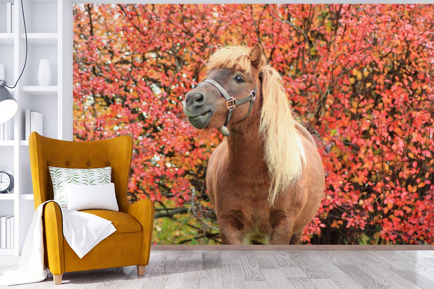 MuchoWow Herbstblätter, Schlafzimmer, St), Wohnzimmer, Wallpaper Vinyl Matt, Tapete (6 Pferd Pony - Fototapete - bedruckt, für Kinderzimmer,