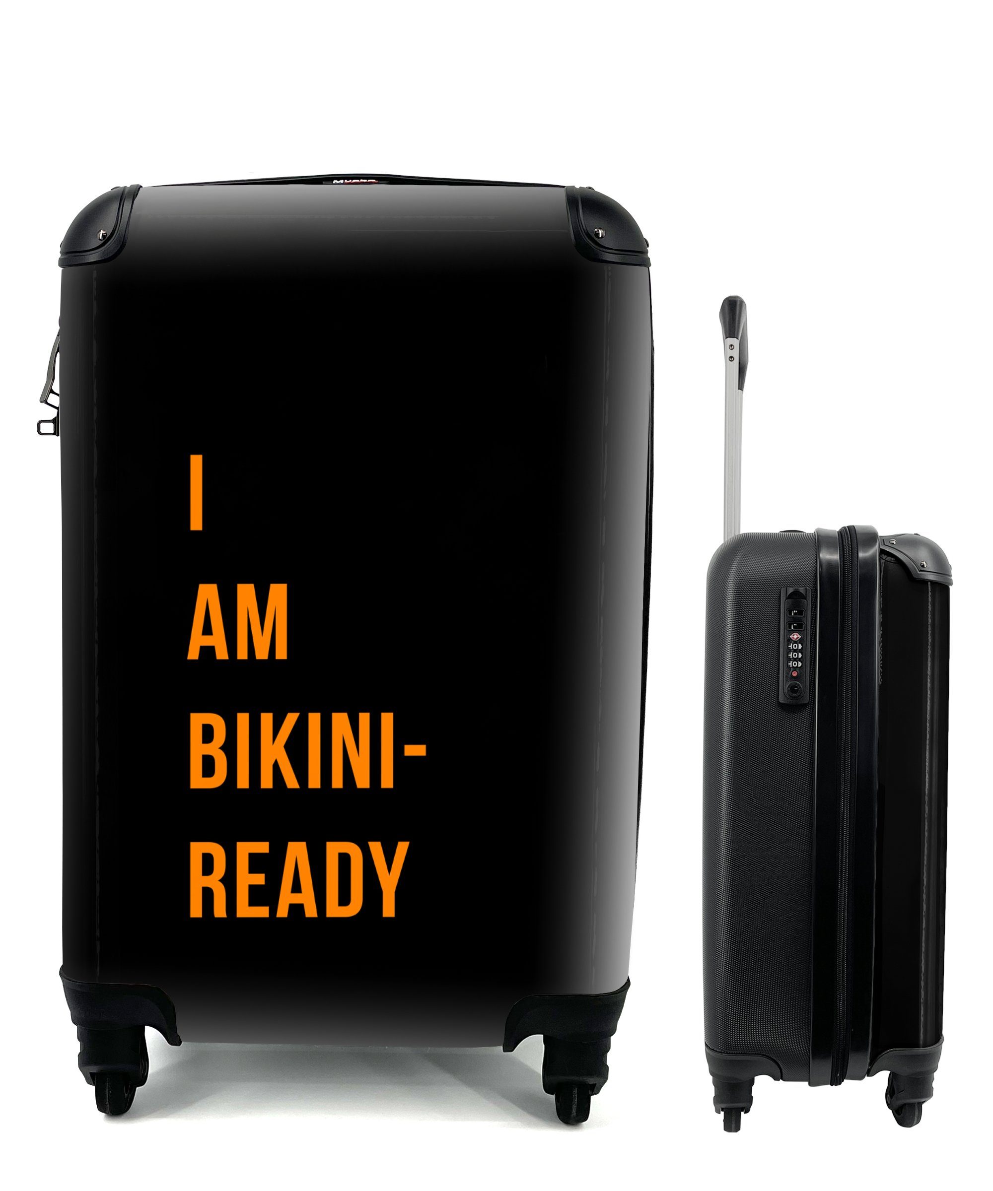 MuchoWow Handgepäckkoffer Ich bin bereit für den Bikini - Orange - Schwarz - Zitat, 4 Rollen, Reisetasche mit rollen, Handgepäck für Ferien, Trolley, Reisekoffer