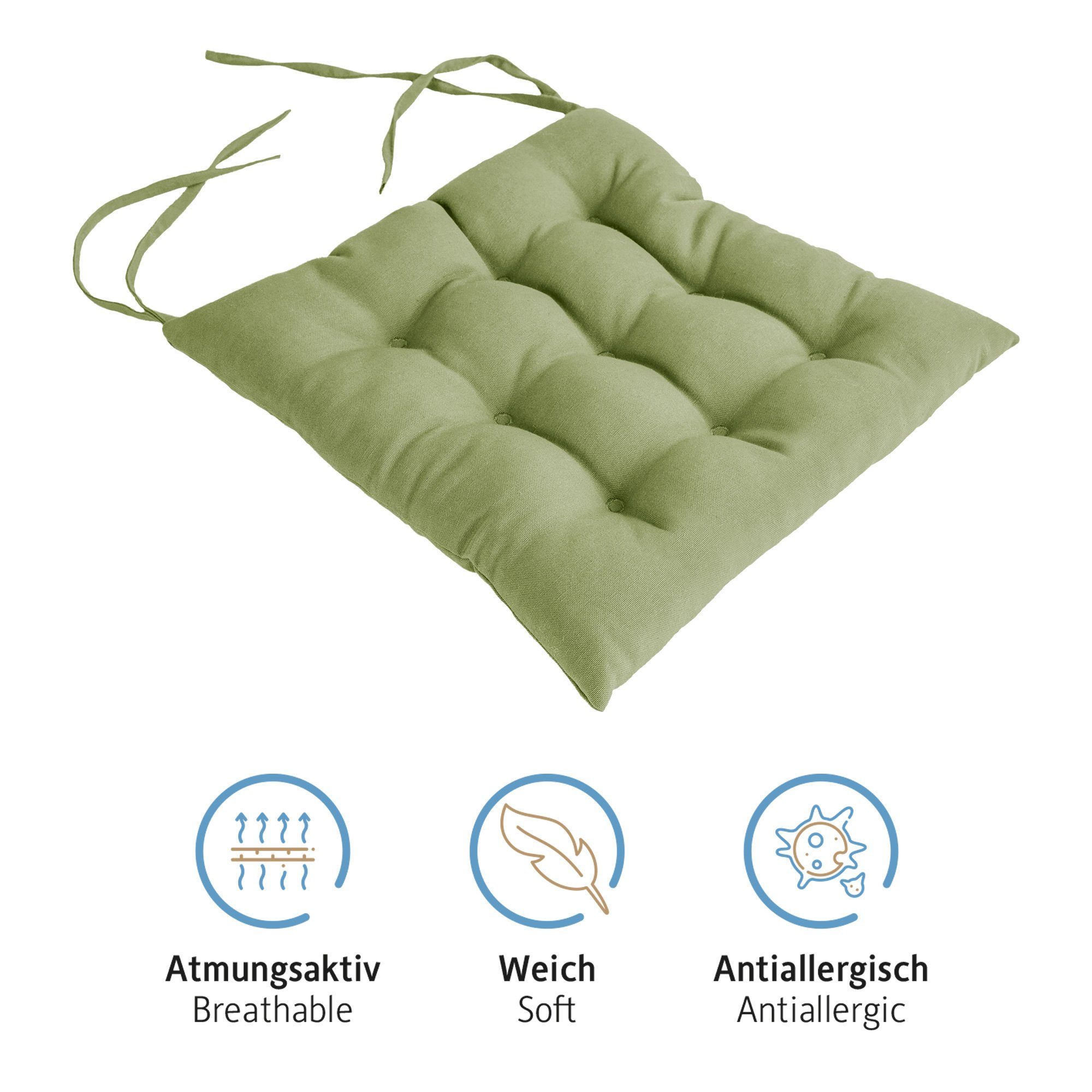 Komfortec Stuhlkissen 4er Set 40x40 cm mit Bändern, Baumwolle