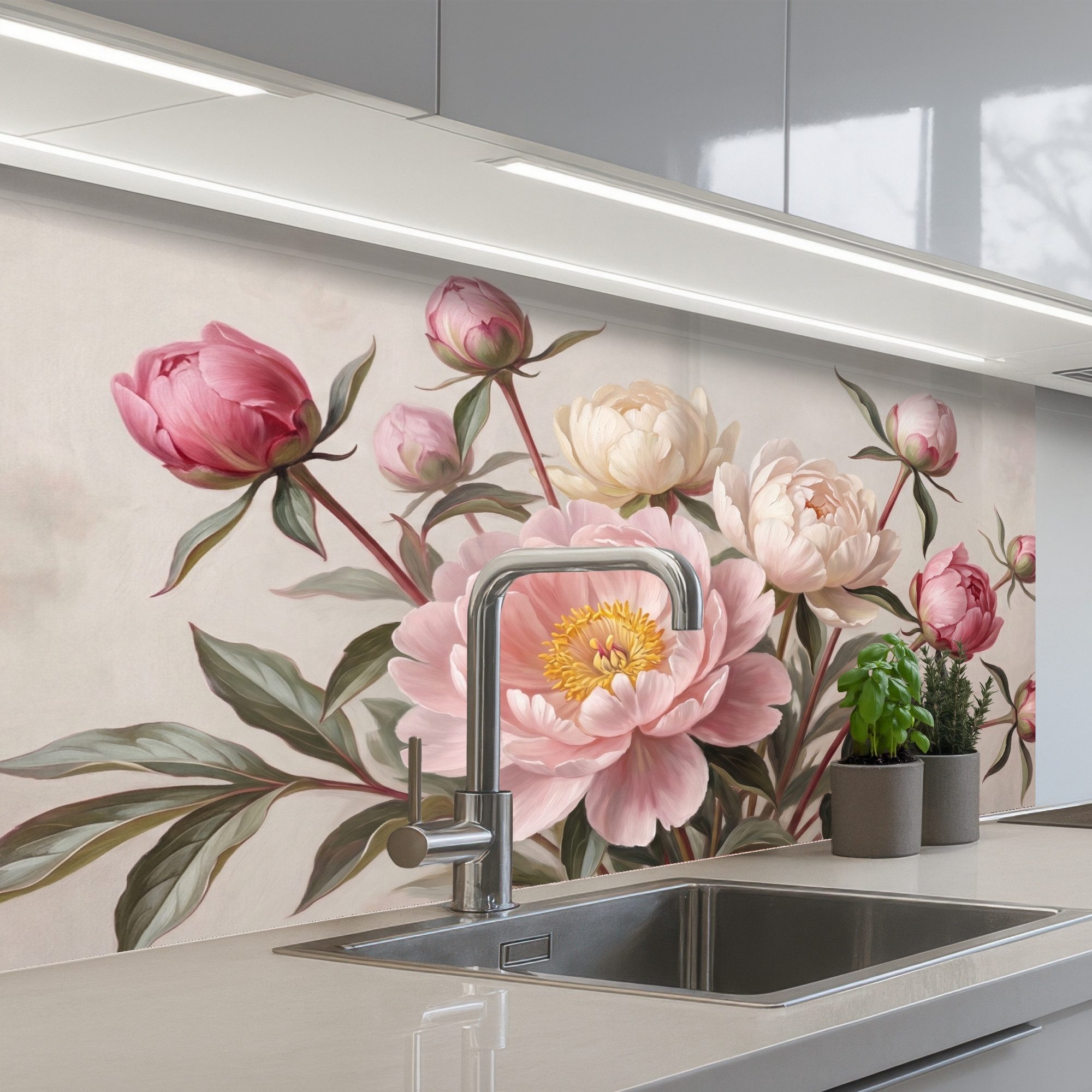 KitchenYeah Küchenrückwand selbstklebend (keine Folie) Pfingstrosen - Strauß - Rosa, (1-tlg), Küchenspritzschutz, Küche, Rückwand, Küchenwand, Wandschutz, 100x60 cm