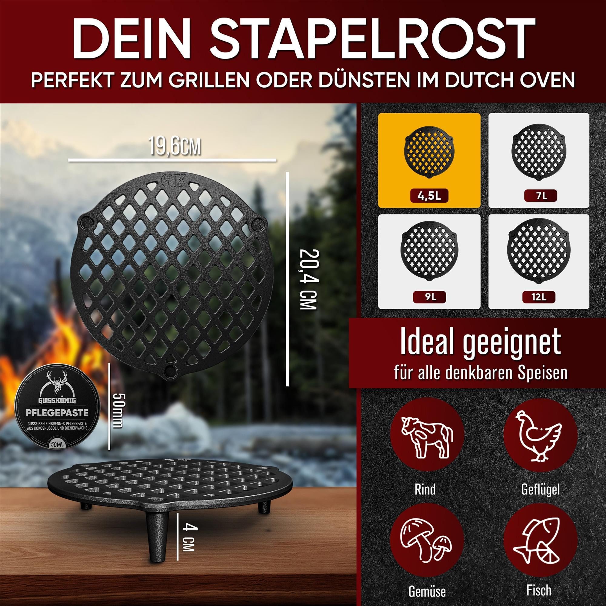 GUSSKÖNIG Grillrost GUSSKÖNIG Stapelrost Gusseisen für Dutch Oven 4,5L inkl Pflegepaste