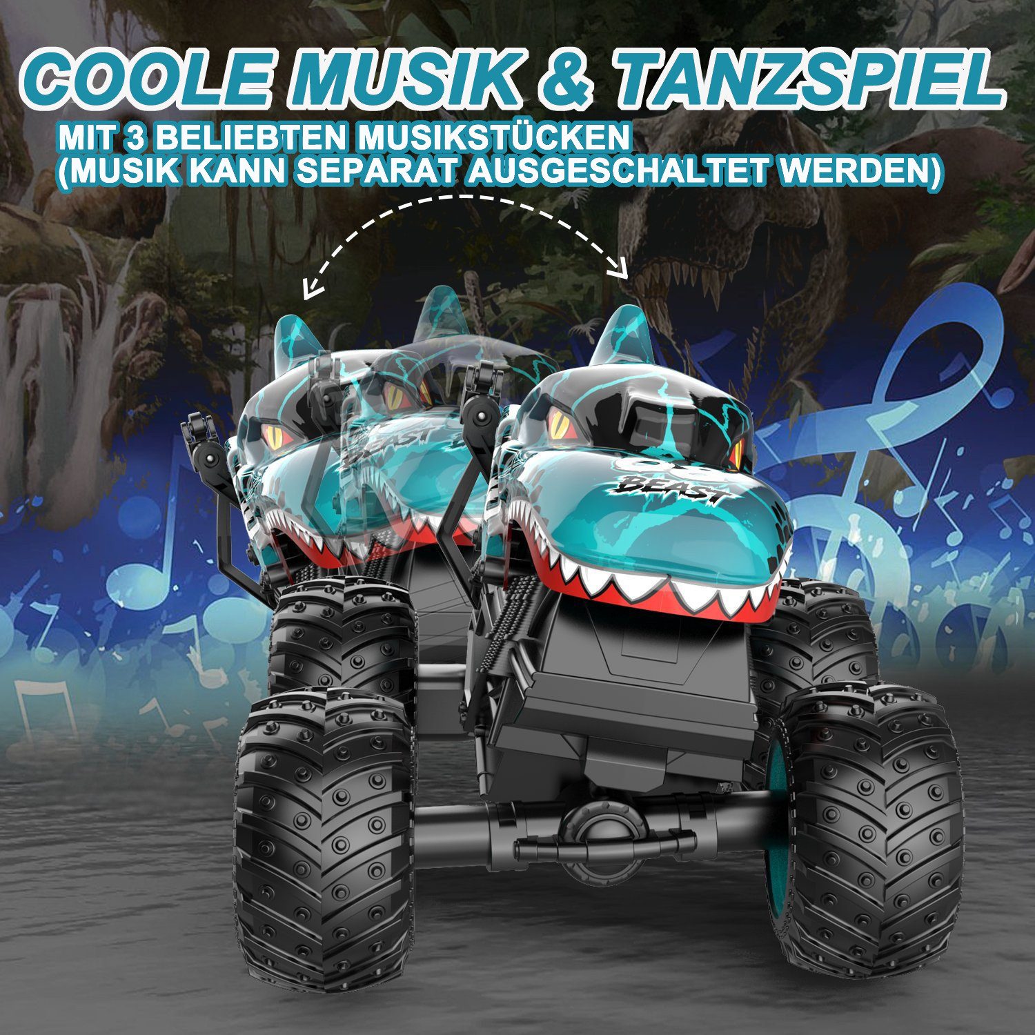 Esun RC-Auto Ferngesteuertes Auto, 2,4GHz20km/h RC Monstertruck mit Aufrecht Gehen (Packung, Komplettset), Ferngesteuerter Monster Truck, 360°Drehung, LED-Licht und Musi