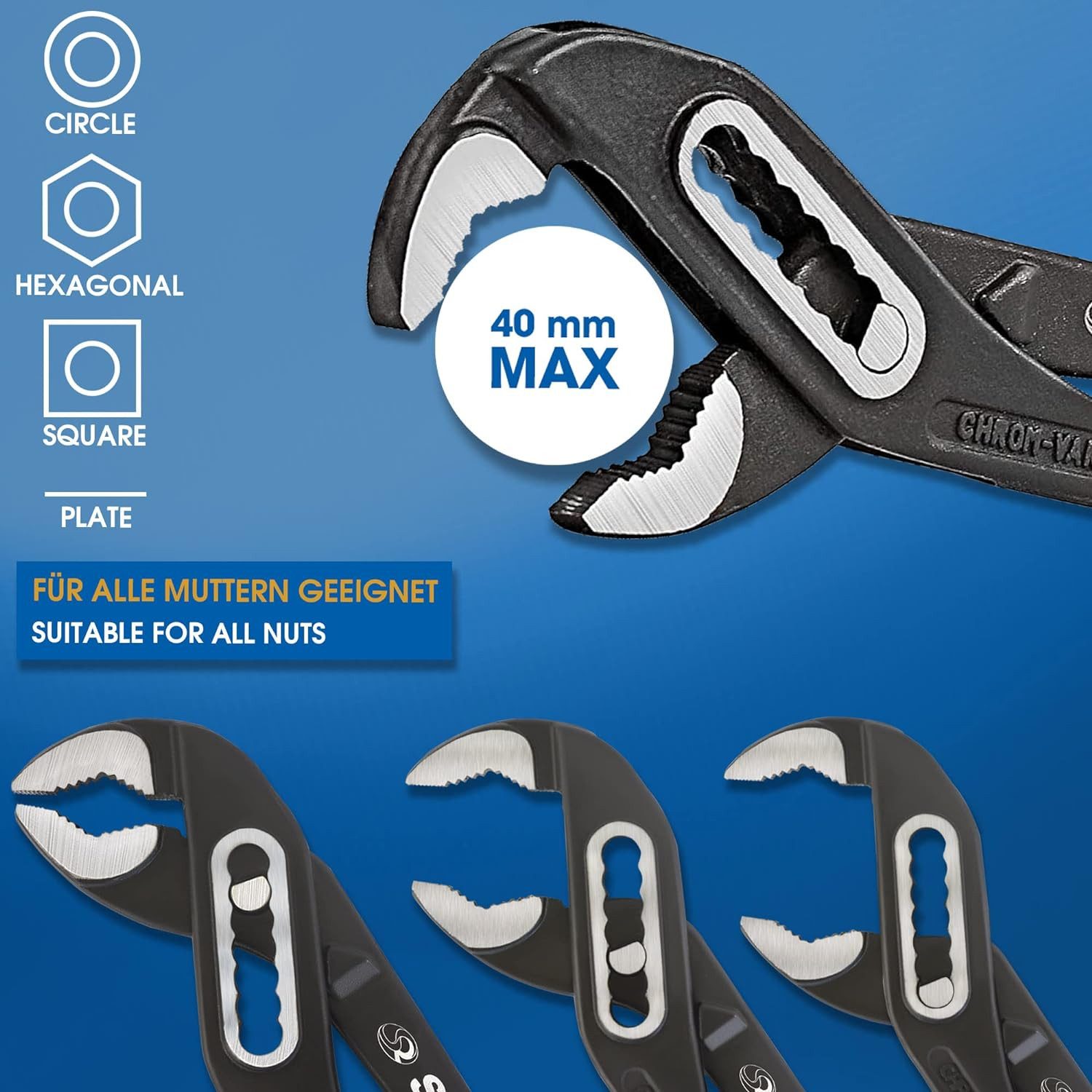S&R Wasserpumpenzange 242x34mm, Chrom-Vanadium Stahl, Doppelt ummantelte ergonomische Griffe, 1-tlg., mit geschmiedeten, gehärteten und angelassenen Zangen-Back – Bild 5 von 5