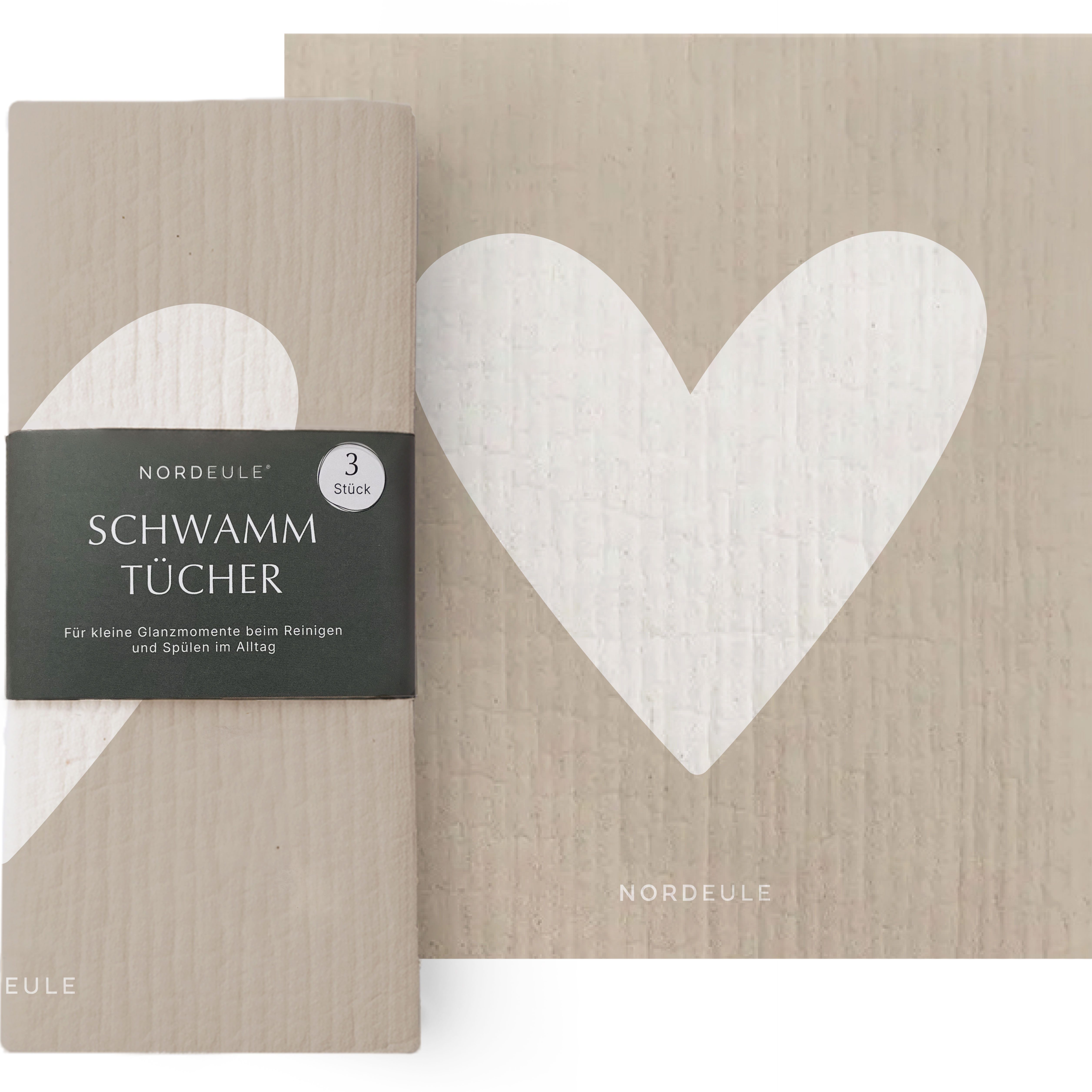 NORDEULE Schwammtuch Herz 3 Stück Beige Weiß, Skandinavisches Design für Küchenutensilien, ideal als Geschenk, Mitbringsel zu Ostern, Weihnachten, Geburtstag