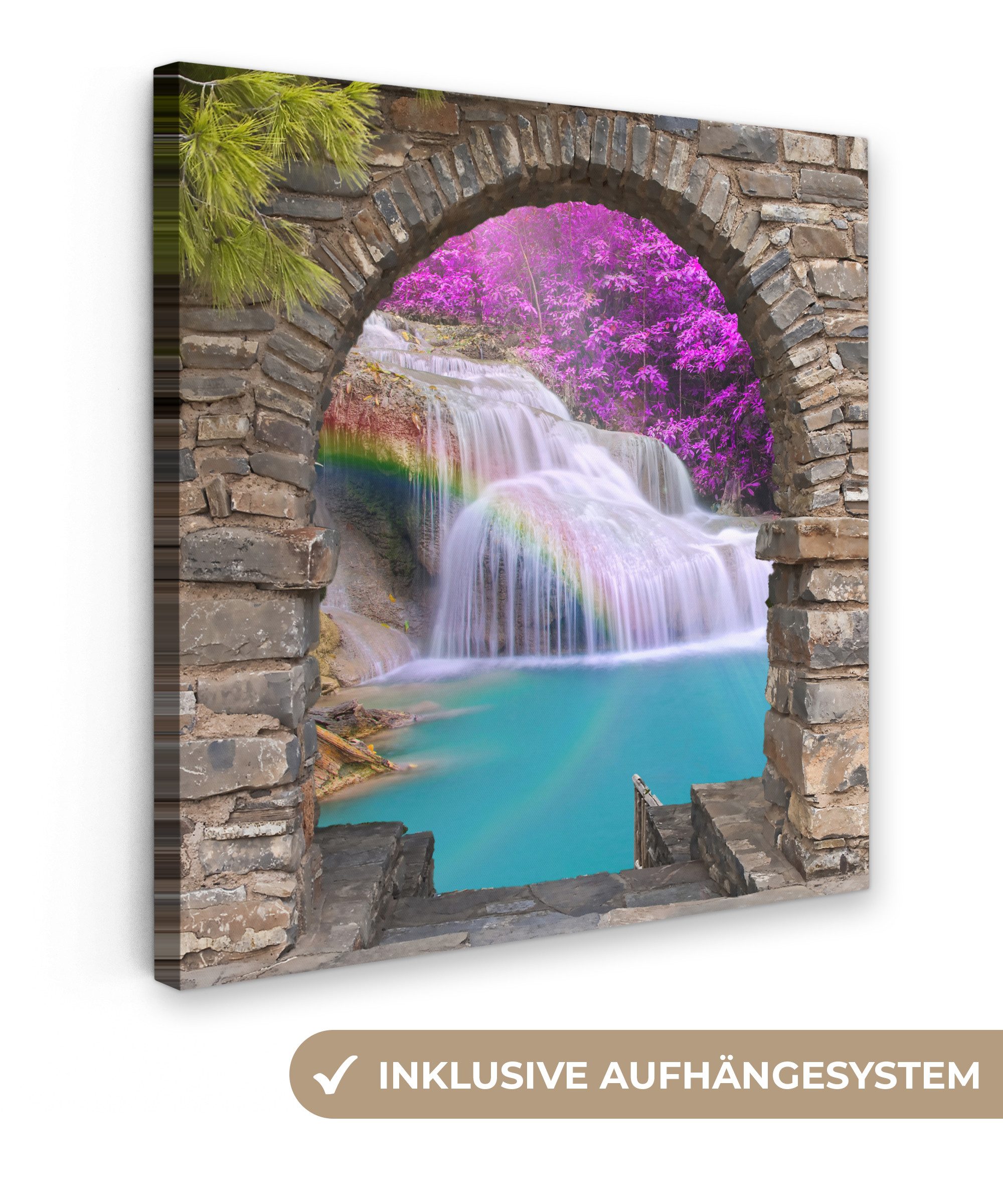 OneMillionCanvasses® Leinwandbild Blumen - Regenbogen - Wasserfall - Ausblick, Fotodruck (1 St), Wandbild, Deko Schlafzimmer Wohnzimmer Flur 20x20 cm