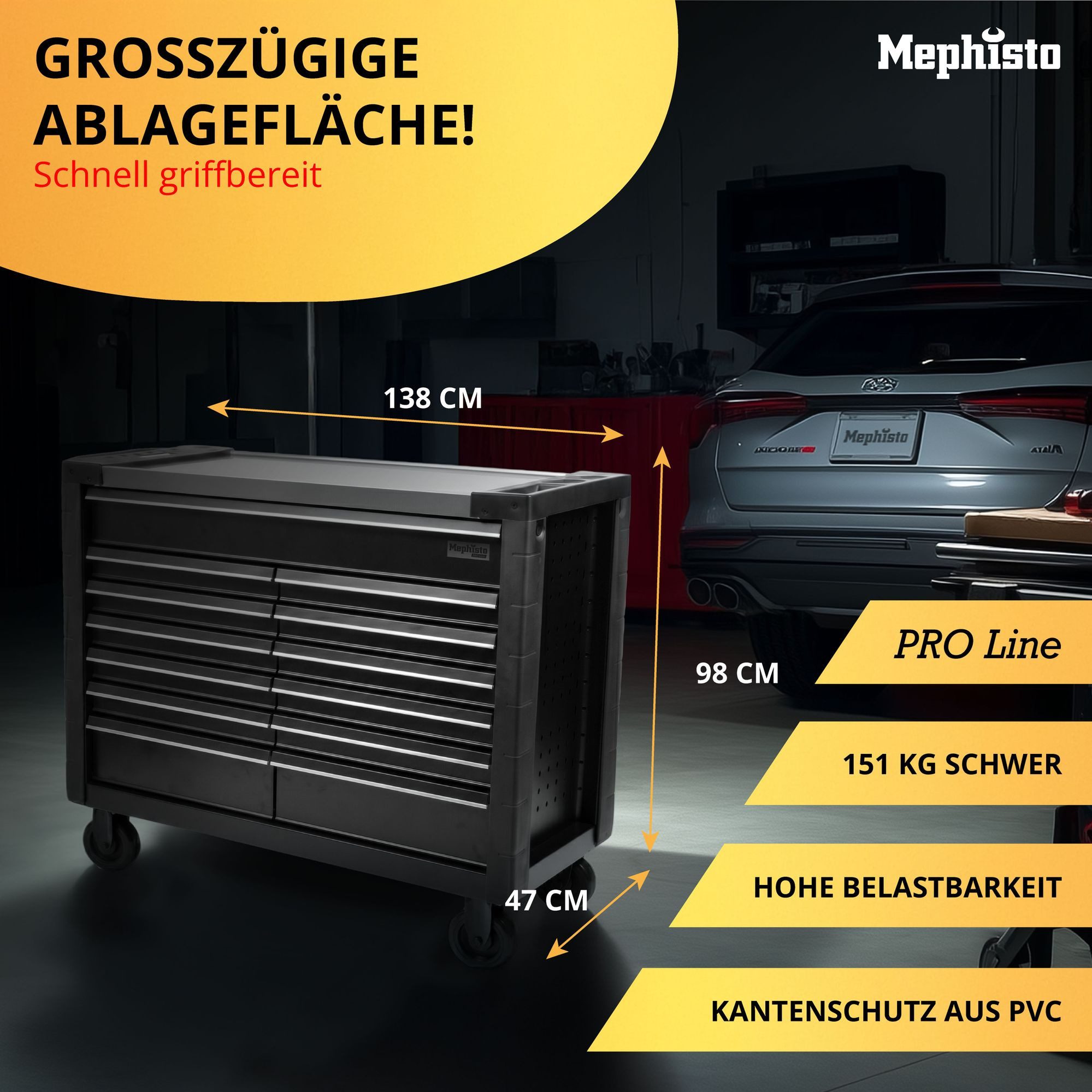 Mephisto-Tools Werkzeugwagen, (umfangreich bestückt), 13 abschließbare Schubladen, Werkzeug ist aus hochwertigem CRV