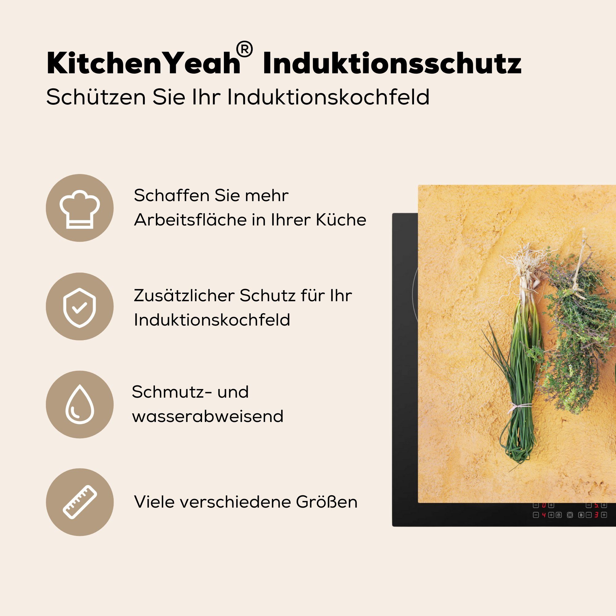 MuchoWow Herdblende-/Abdeckplatte Mediterrane Kräuter, Induktionskochfeld 81x52 für die Vinyl, Ceranfeldabdeckung küche, (1 cm, Schutz tlg)