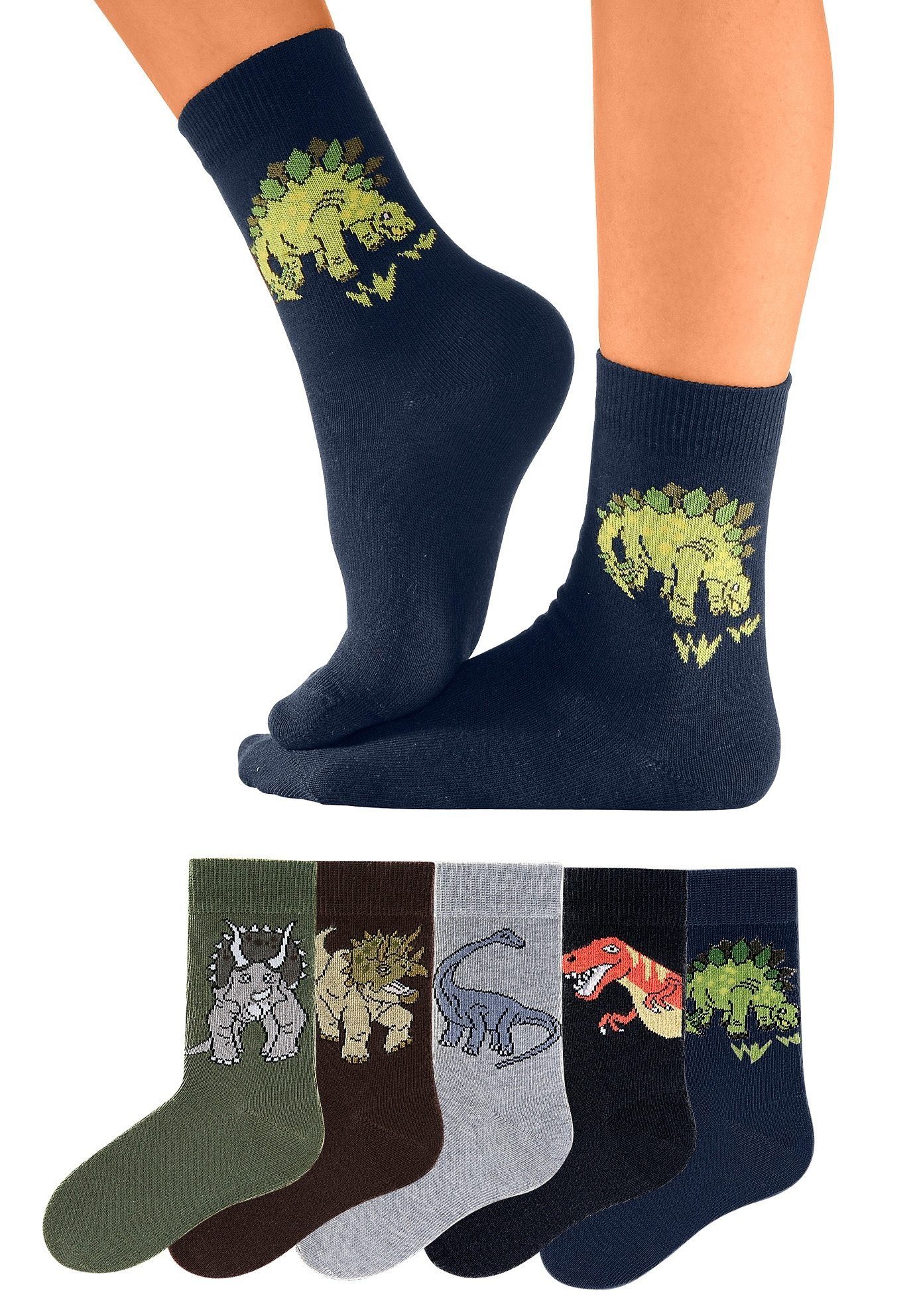 H.I.S Socken Kindersocken Jugendliche Motivsocken (Packung, 5-Paar, Gr. 19-22 bis 39-42) mit Dinosauriermotiven – Bild 2 von 5