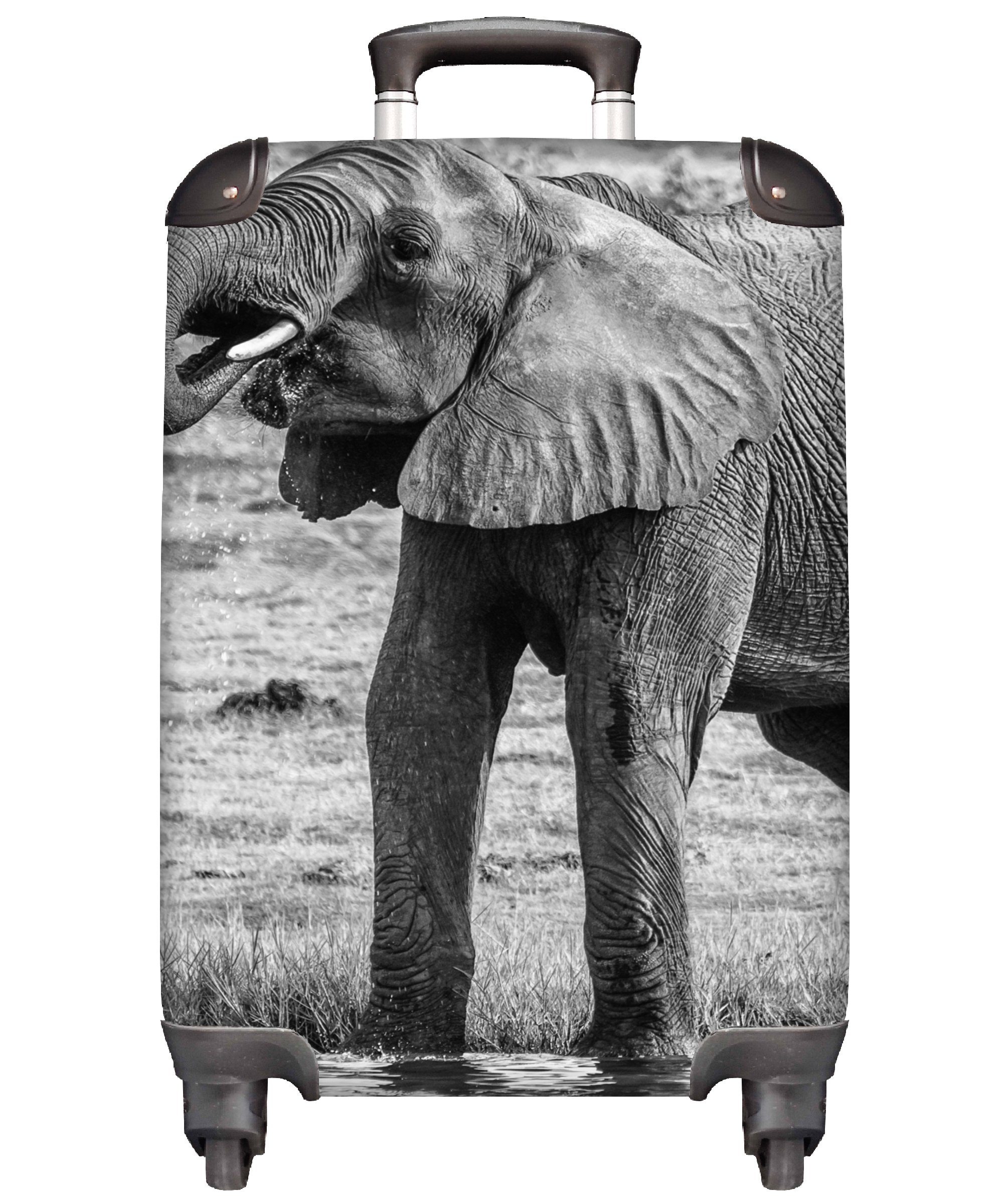 MuchoWow Handgepäckkoffer Elefant - Wasser - Tiere - Schwarz - Weiß, 4 Rollen, Reisetasche mit rollen, Handgepäck für Ferien, Trolley, Reisekoffer