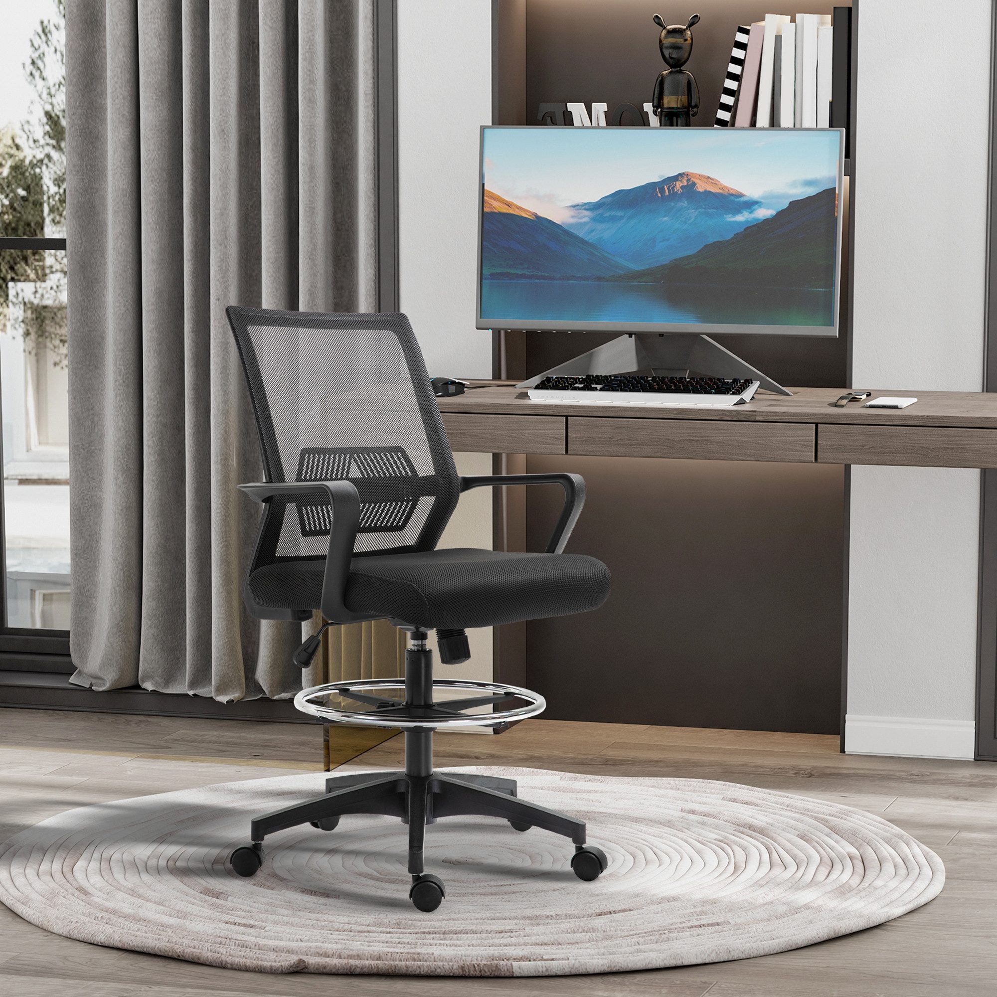 Vinsetto Bürostuhl Ergonomischer Schreibtischstuhl, Lendenwirbelstütze, Zeichenstuhl (Höhenverstellbarer Drehstuhl, 1 St), mit Netzbespannung, Wippfunktion, Computerstuhl, Schwarz