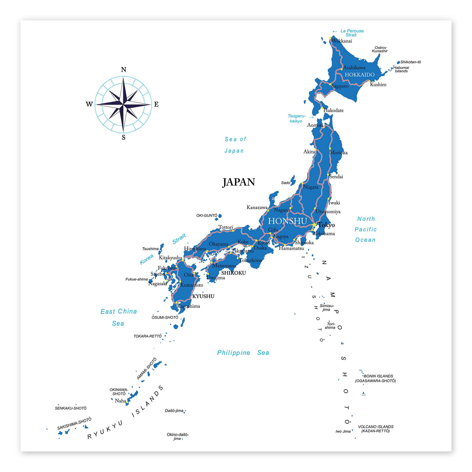 Posterlounge Wandbild Karte Japans (Englisch), Editors Choice, erhältlich als Poster, Leinwandbild, Wandsticker oder Acrylglasbild