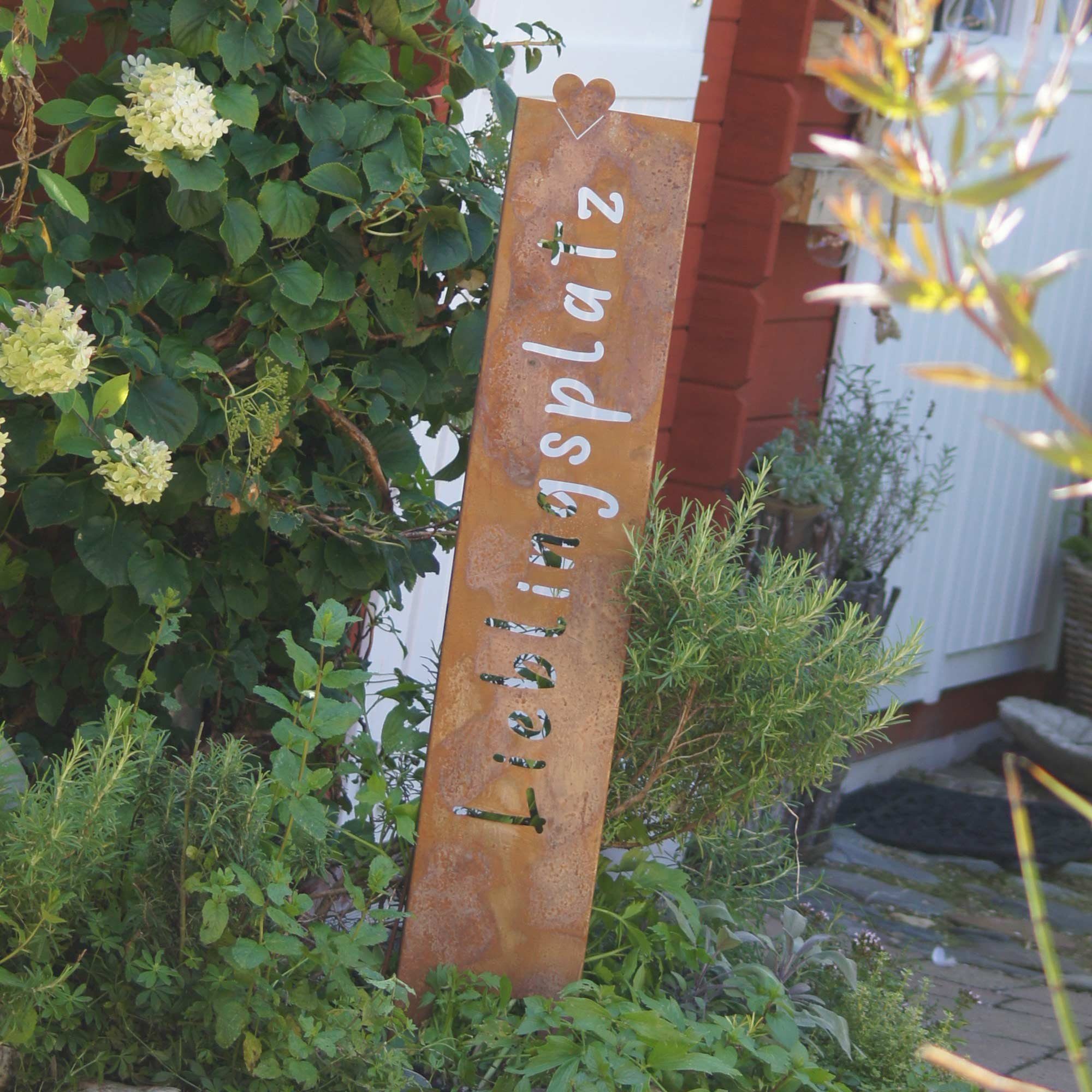 UNUS GARDEN Gartenstecker Gartenstecker groß Schild Lieblingsplatz Metallschild (1-St., ca. 115 x 19,5 cm (HxB), Rostoptik) Edelrost Gartenschild Dekospruch Deko Lieblingsplatz