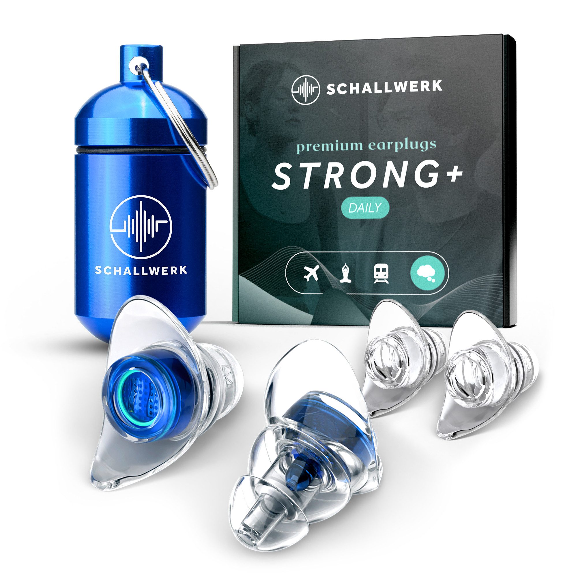 Schallwerk Gehörschutzstöpsel Strong+ Daily Ohrstöpsel dämpfen Lärm & erhalten Tonqualität, Ohrenstöpsel transparent mit Aufbewahrungsdose