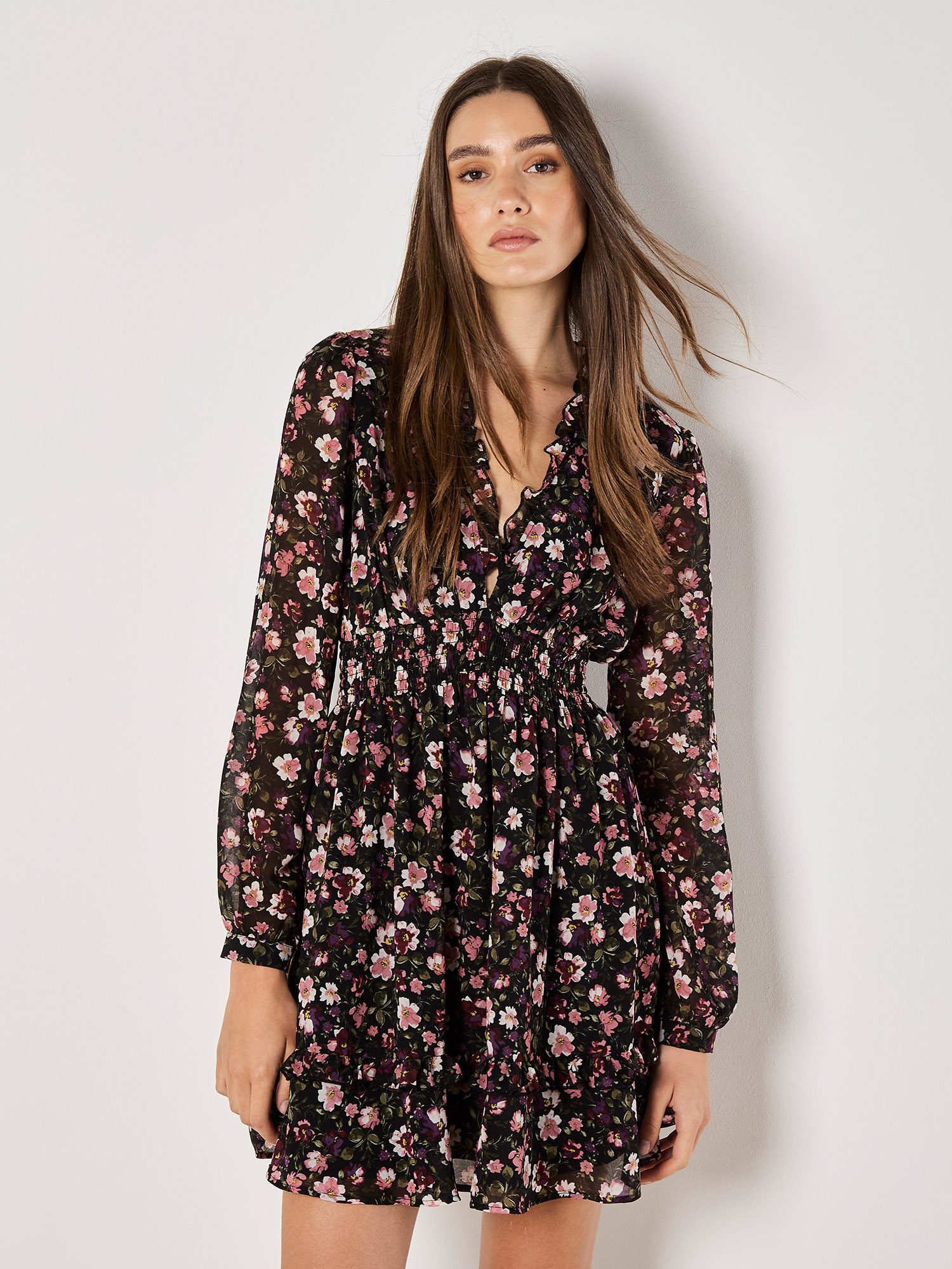 Apricot Druckkleid Geblümtes Chiffon-Minikleid (1-tlg) mit elastischer Tail günstig online kaufen