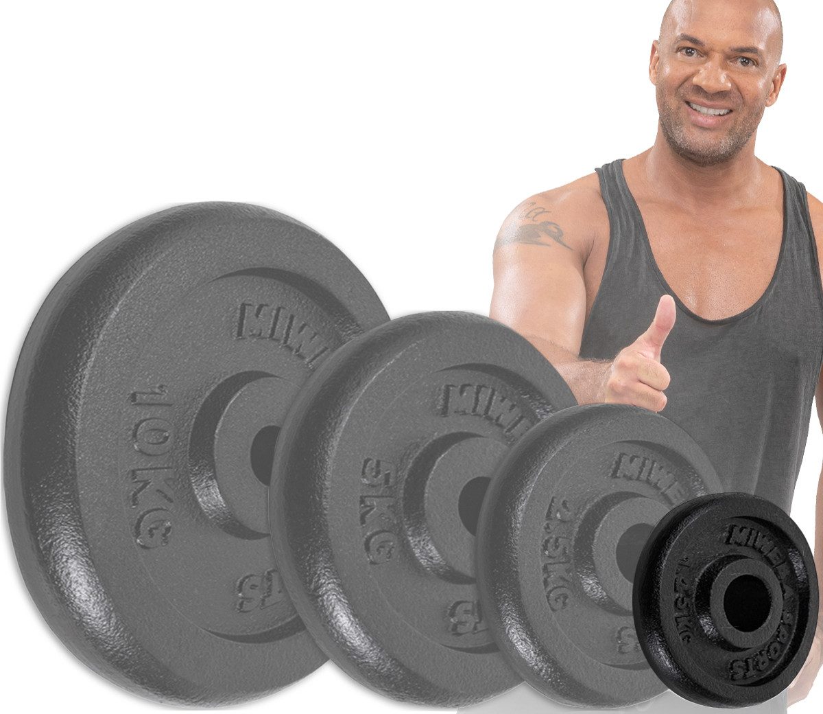 Miweba Sports Hantelscheibe Profi Gusseisen Hantelscheiben HSG - 1.25 - 10 kg, 5 kg, (4er-Set, Hantelscheibenset, Hantel Gewichte Set, Gewicht Scheiben, Muskelaufbau, Workout, Training, Ganzkörpertraining, 4-tlg., 4 x 1.25 kg, Ø 30mm, Gusseisen, 12.5 x 2.0 cm), Gewicht Scheiben Krafttraining Fitnessgerät - Fitness Hantel Zubehör