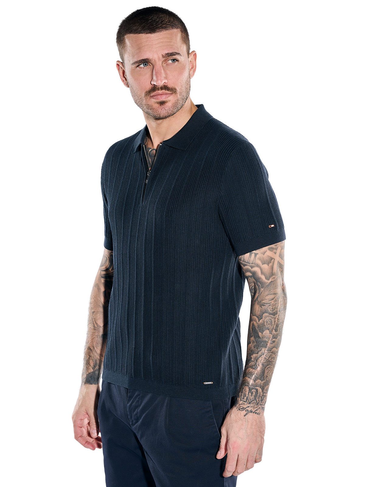 emilio adani Strickpullover Herren Strick-Polo mit Zipper, Saphirblau