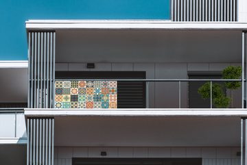 MuchoWow Balkonsichtschutz Blumen - Vintage - Muster - Blau - Orange (1-St) Balkonbanner, Sichtschutz für den Balkon, Robustes und wetterfest