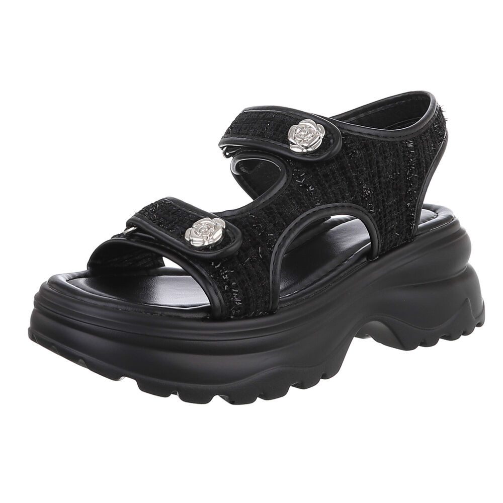 Ital-Design Bequeme Damen-Sandalen mit Rosetten für Alltag und Freizeit Plateausandaletten (89852690) Blockabsatz Sandalen & Sandaletten in Schwarz