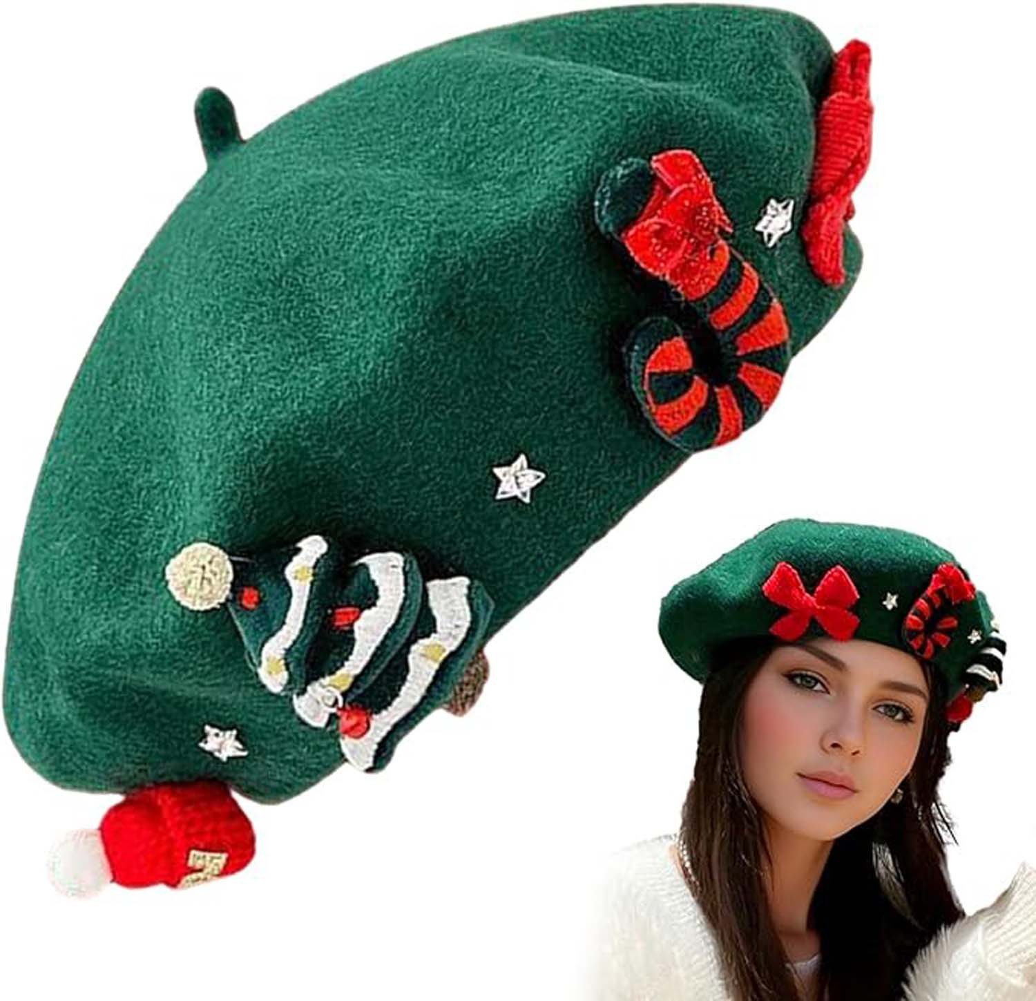 Coonoor Baskenmütze Damen Weihnachtsthema Wolle Baskenmütze für Frauen