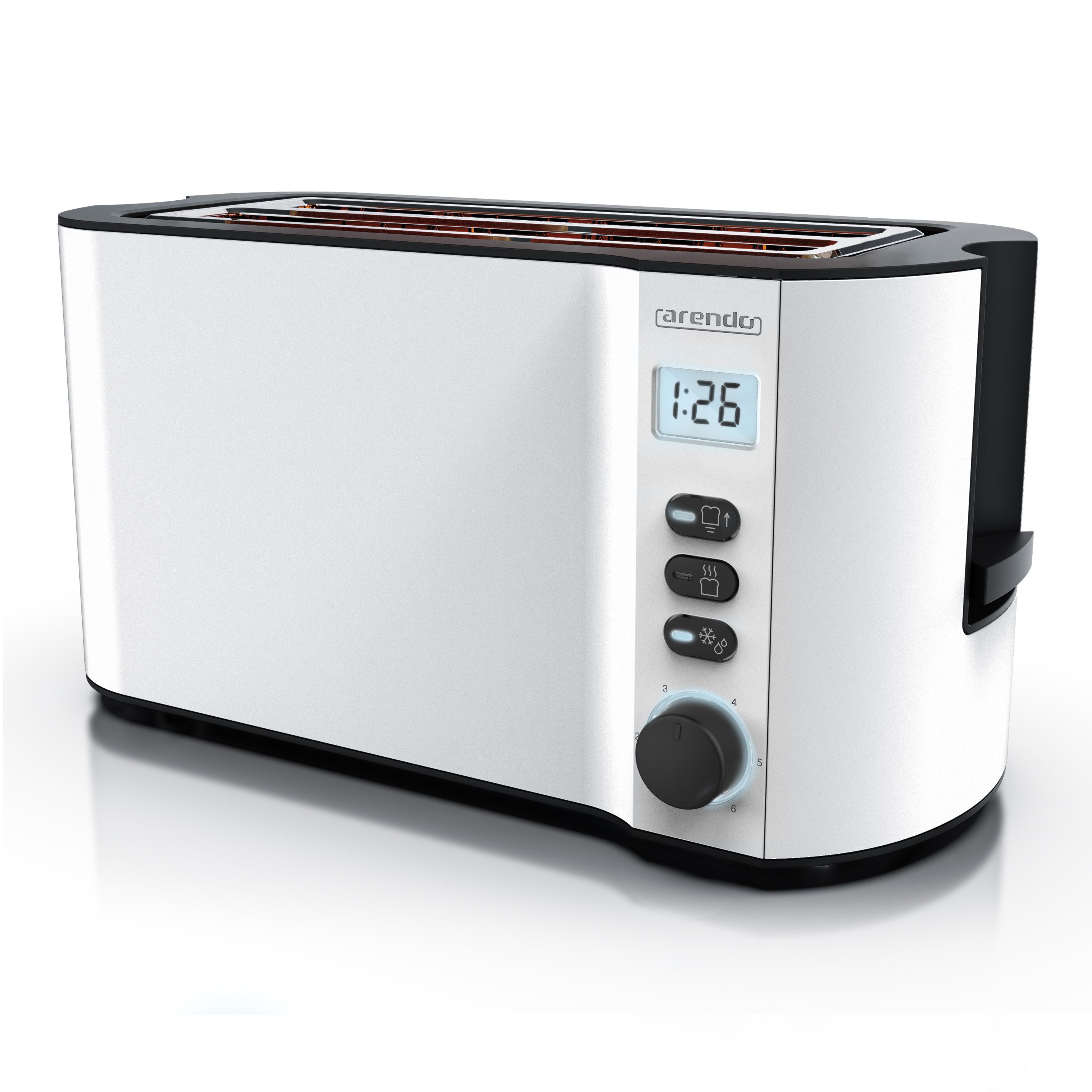 Arendo Toaster Edelstahl, Langschlitz, Display mit Restzeitanzeige, Brötchenaufsatz, 2 lange Schlitze, für 4 Scheiben, 1500 W, Defrost Funktion, Wärmeisolierendes Gehäuse, mit Krümelschublade