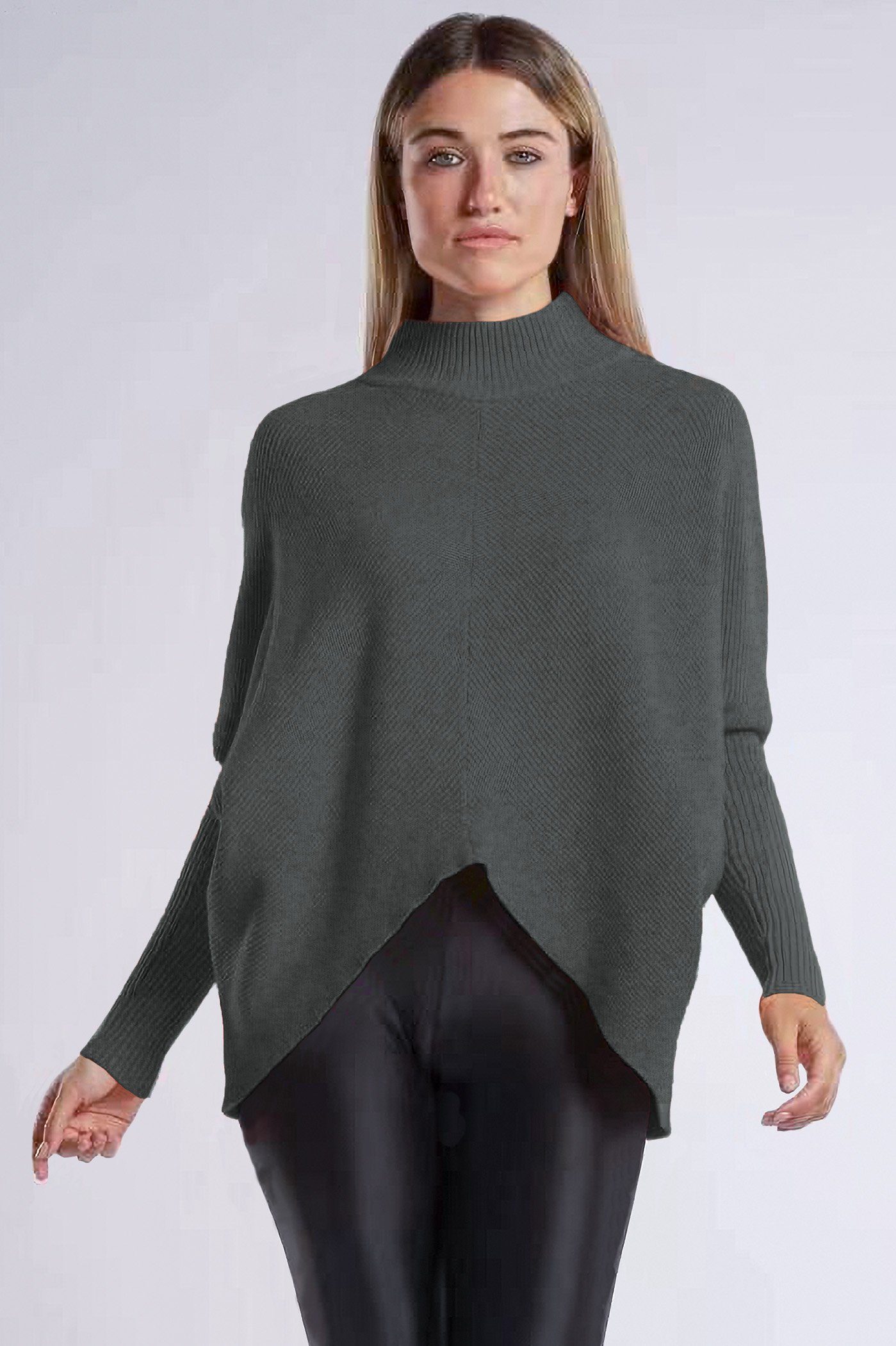 PEKIVESSA Strickpullover Oversized Rippstrick Pullover Damen Fledermausärmel (1-tlg) hinten länger thymiangrün