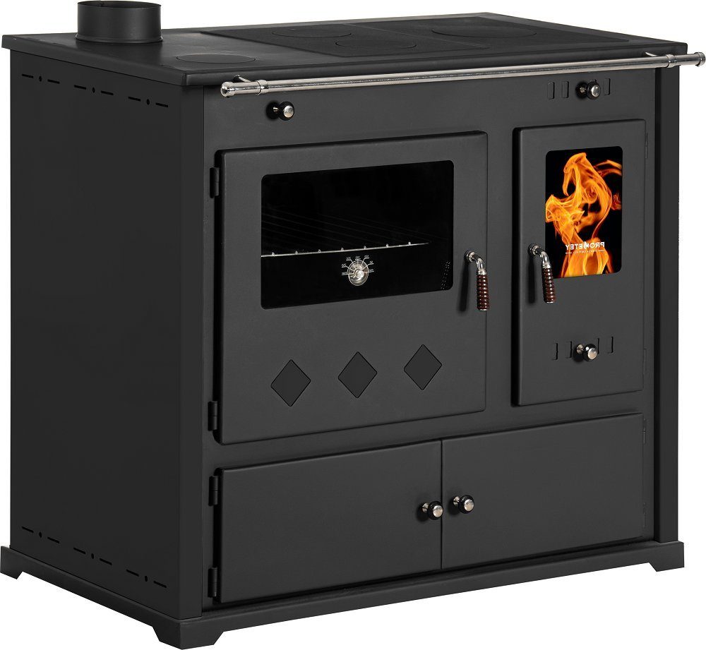 Prometey Festbrennstoffherd Küchenofen Practik LUX 9,50 kW Version, schwarz, linke
