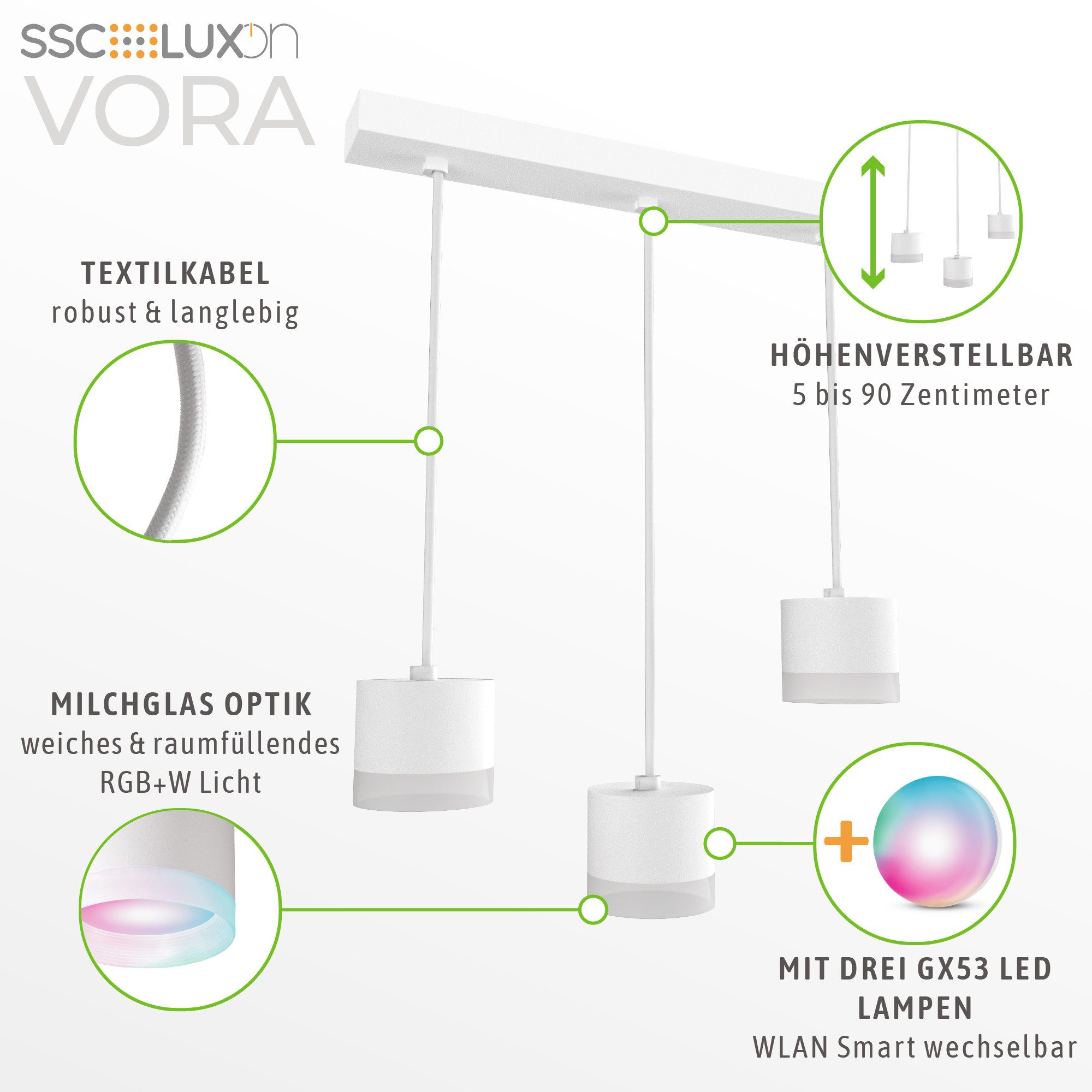 SSC-LUXon LED-Hängeleuchte VORA Pendelleuchte 3-flammig mit GX53 Smart LEDs RGB+W WiFi, Smart