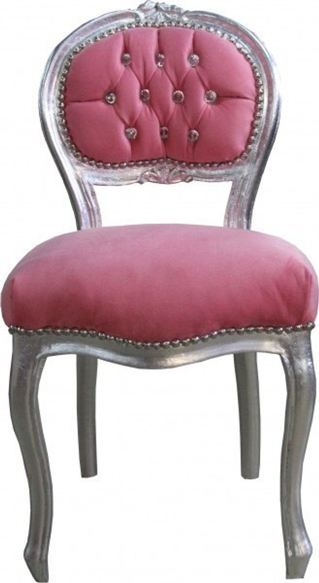 Casa Padrino Besucherstuhl Barock Damen Stuhl Rosa / Silber mit Bling Bling Glitzersteinen - Schminktisch Stuhl
