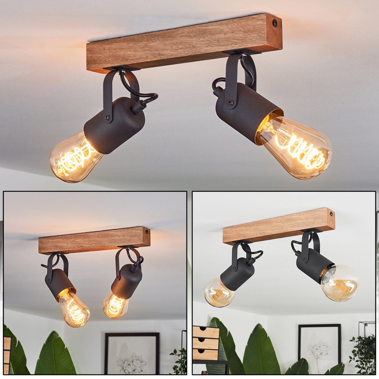 hofstein Deckenleuchte »Marcianise« moderne Deckenlampe verstellbar, Metall/Holz aus ohne in Schwarz/Natur, E27 Leuchtmittel