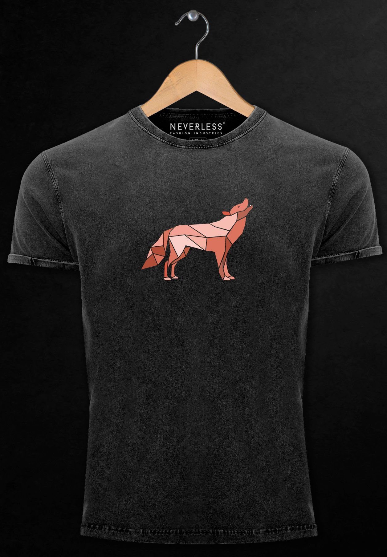 Neverless Print-Shirt Herren Vintage mit Outdoor schwarz Wil Print Print Shirt Wolf Geometrie Aufdruck Polygon