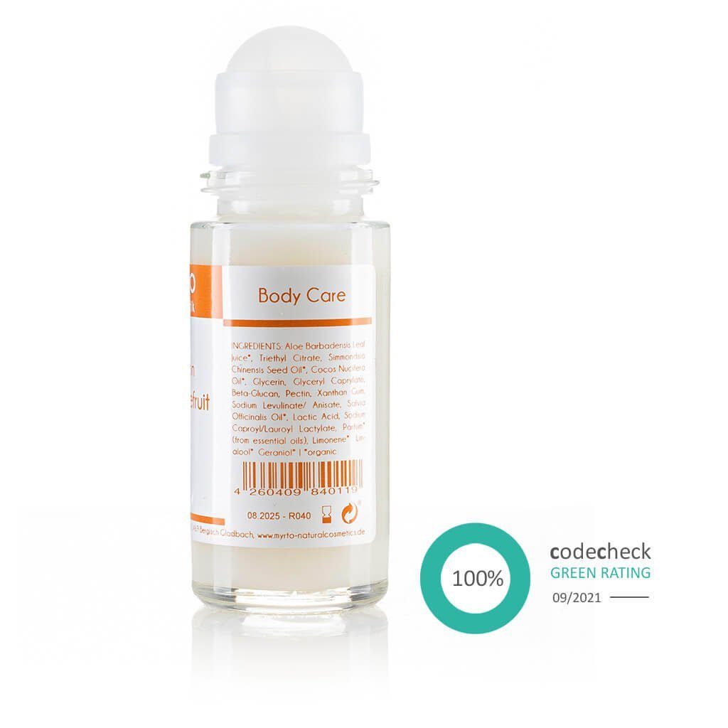 myrto Naturkosmetik Körperpflegemittel Bio Deo Roll-On Myrte Grapefruit- ohne Aluminium & Alkohol, für empfindliche Haut, hemmt Geruchsbildung, ohne Aluminium & Alkohol
