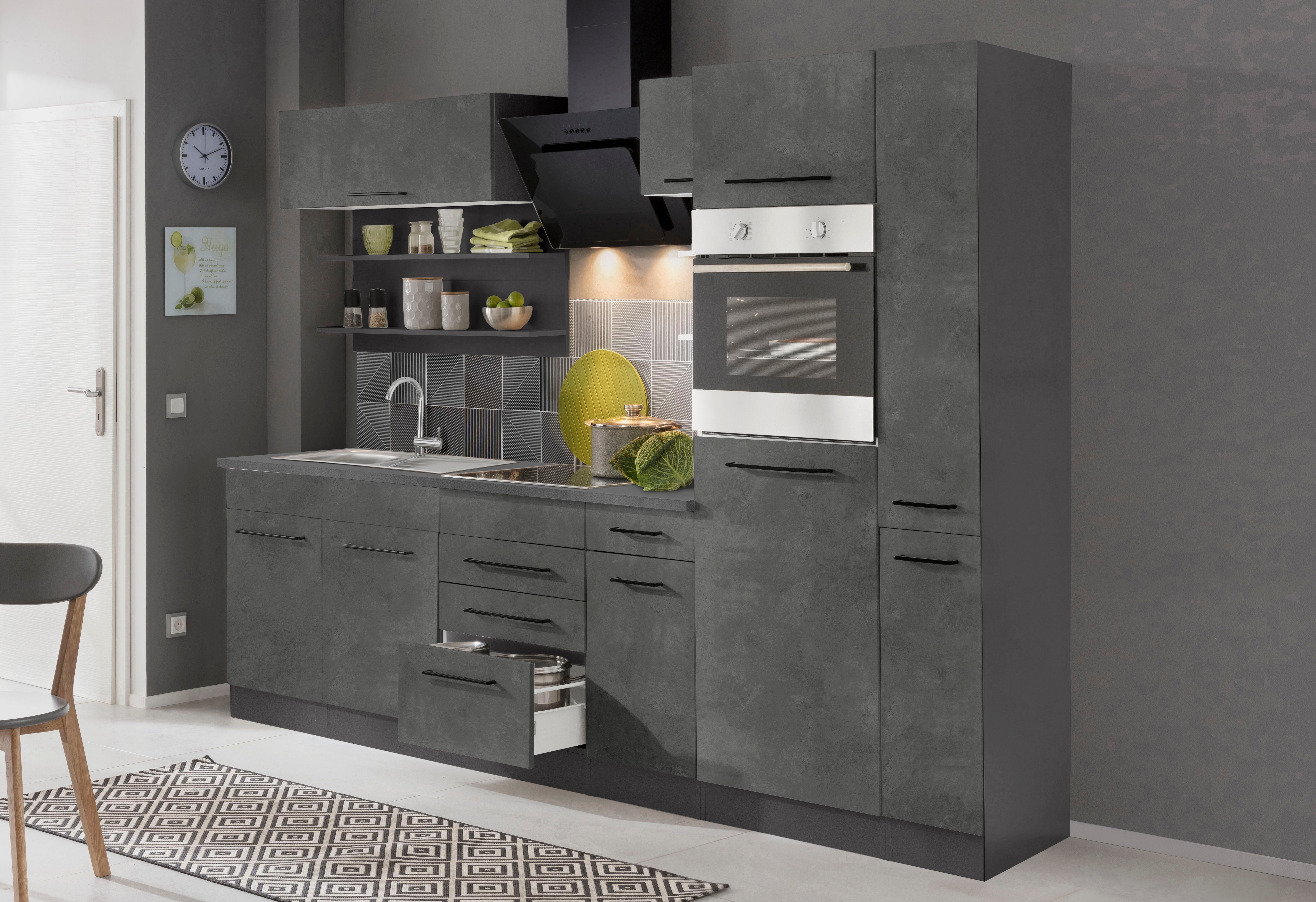 KOCHSTATION Küchenzeile KS-Tulsa, ohne E-Geräte, Breite 270 cm, schwarze Metallgriffe, MDF Fronten