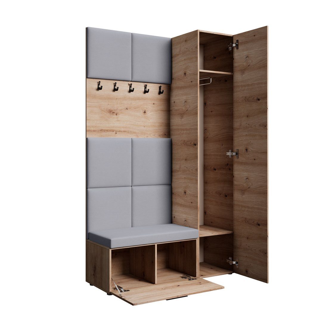 Beautysofa Garderoben-Set MARGARET mit Sitzbank, Kleiderhaken und eintürigem Kleiderschrank, (gepolsterten Paneelen, Höhe: 203 cm), verschiedene Farben und Breiten