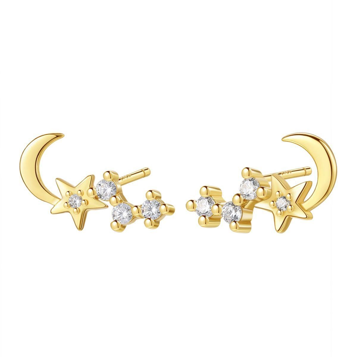 Paar Ohrstecker Silber Mond Stern Zirkonia klein, 18K vergoldet
