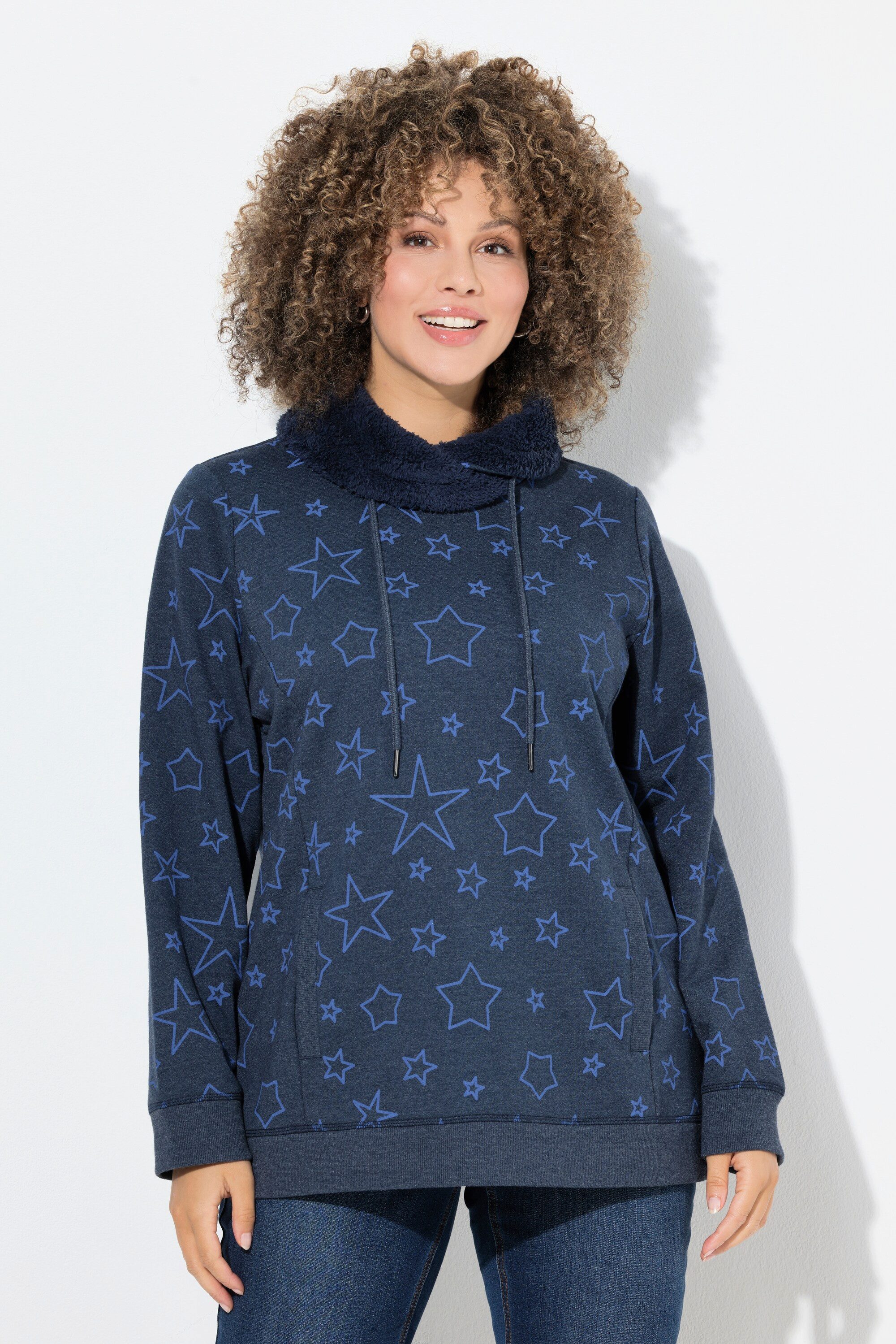 Ulla Popken Sweatshirt Sweatshirt bedruckt Teddy-Stehkragen Langarm