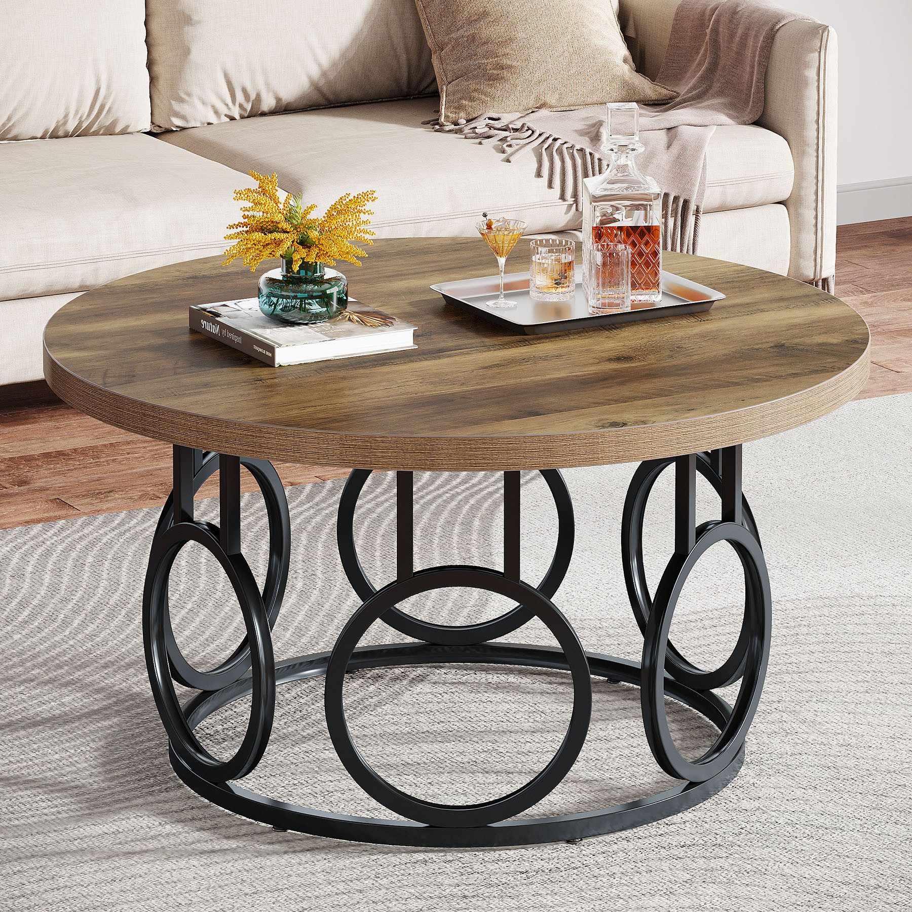 Tribesigns Couchtisch 80cm runder Beistelltisch mit Metallsockel, industrieller Mitteltisch