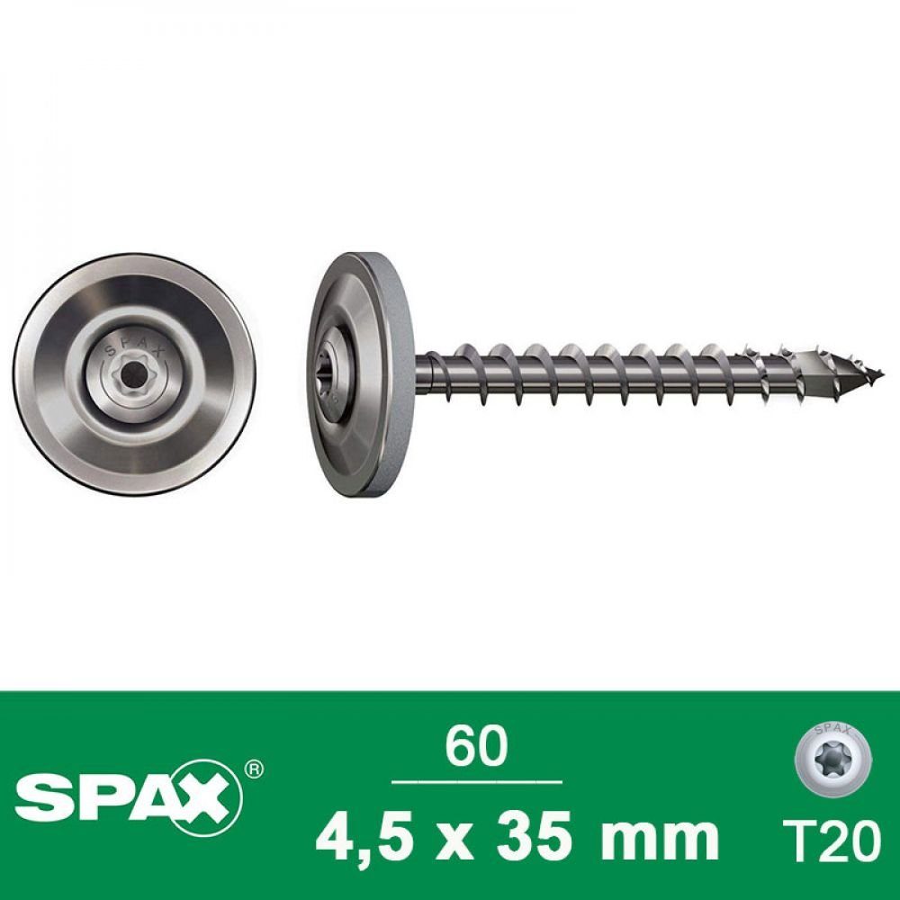 SPAX Spanplattenschraube SPAX Spenglerschraube A2 4,5x35 mm + Dichtscheibe 20 mm L, 60 Stück