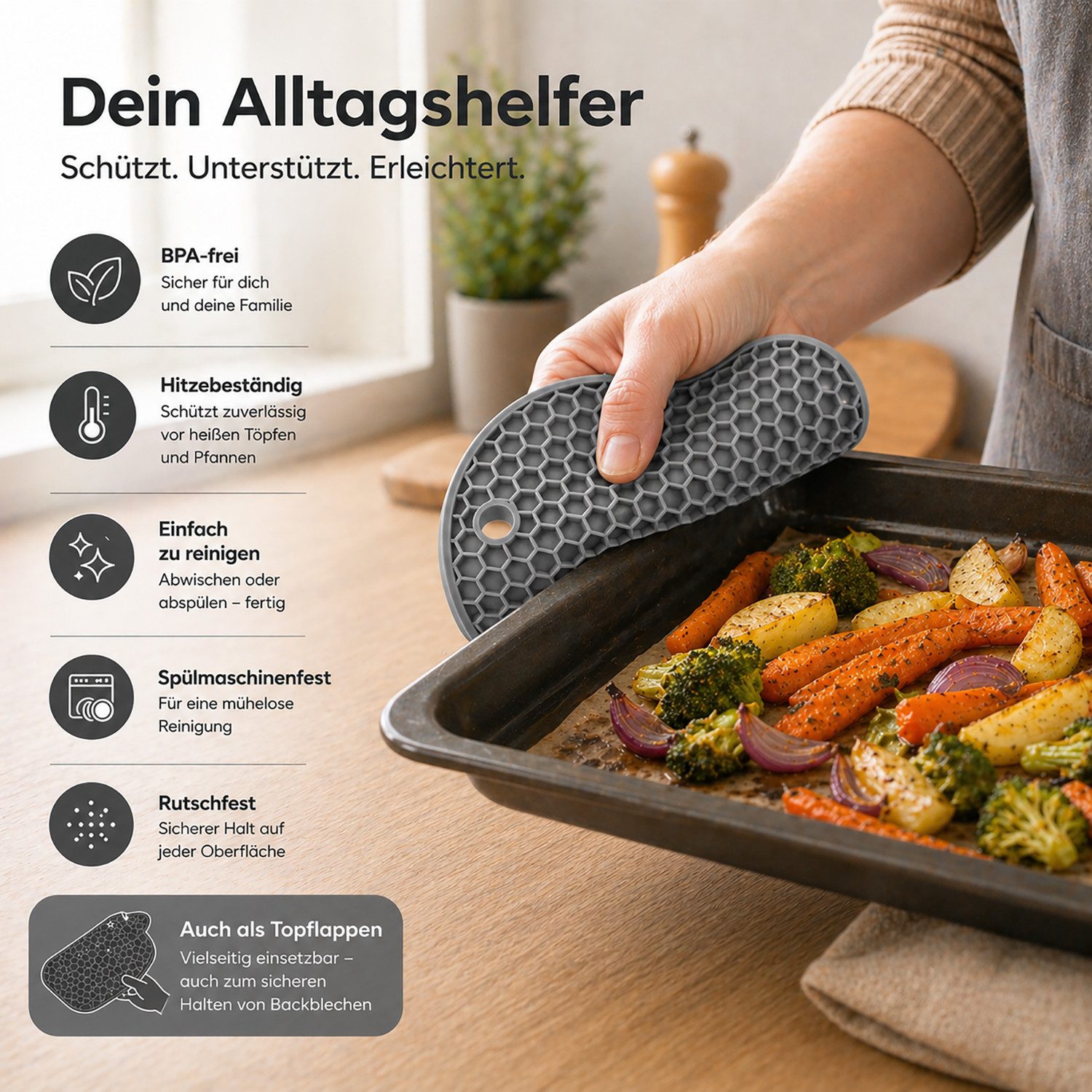 Camolo Topfuntersetzer 4er Set Silikon Topf Untersetzer grau - hitzebeständig, 4-tlg., hitzebeständig bis 230°C, rutschfest