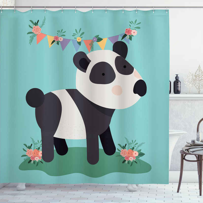 Abakuhaus Duschvorhang Moderner Digitaldruck mit 12 Haken auf Stoff Wasser Resistent Breite 175 cm, Höhe 180 cm, Panda Kinderfest mit Blumen