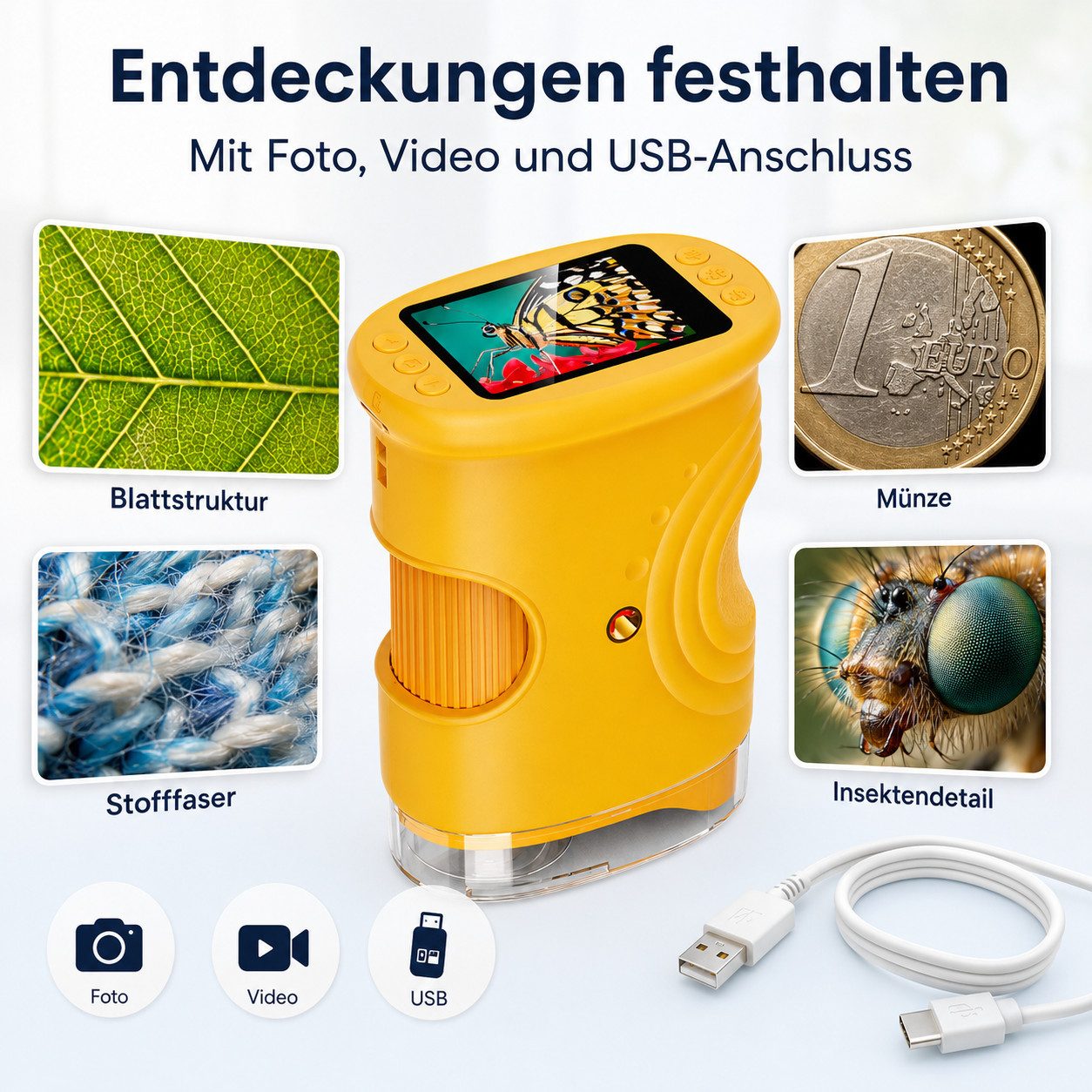 XEOOCE Digitales Mikroskop für Kinder 1000x Foto/Video Gelb Kindermikroskop