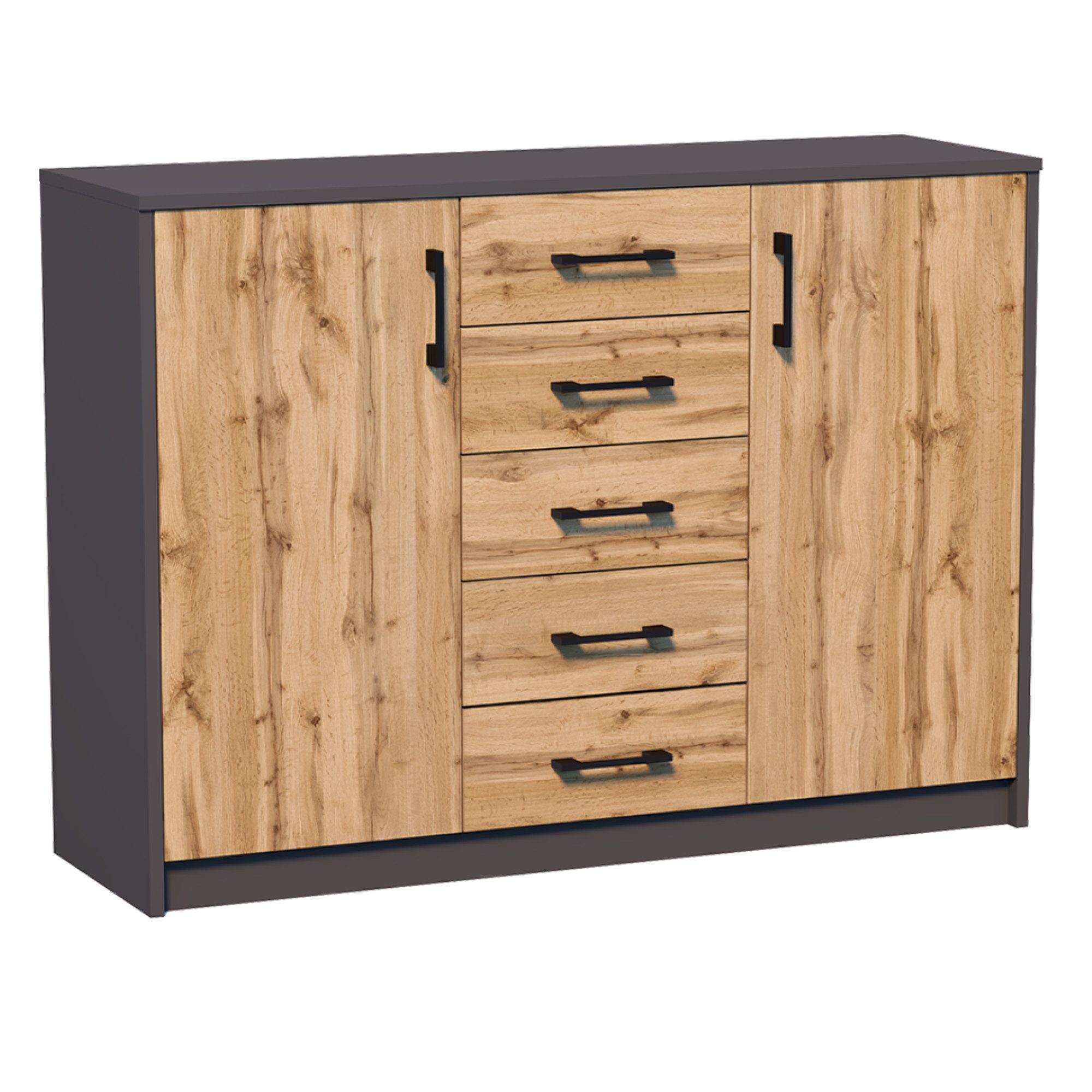 Home Collective Kommode mit 5 Schubladen und 2 Türen in matter Ausführung, Kommode 110cm breit (mit hochwertigen Polymergriffen, aus laminierter Platte gefertigt, Metallrollen mit Auszugsstopp), Holz Schrank Sideboard Highboard Kommode mit Schubladen graphit Eiche