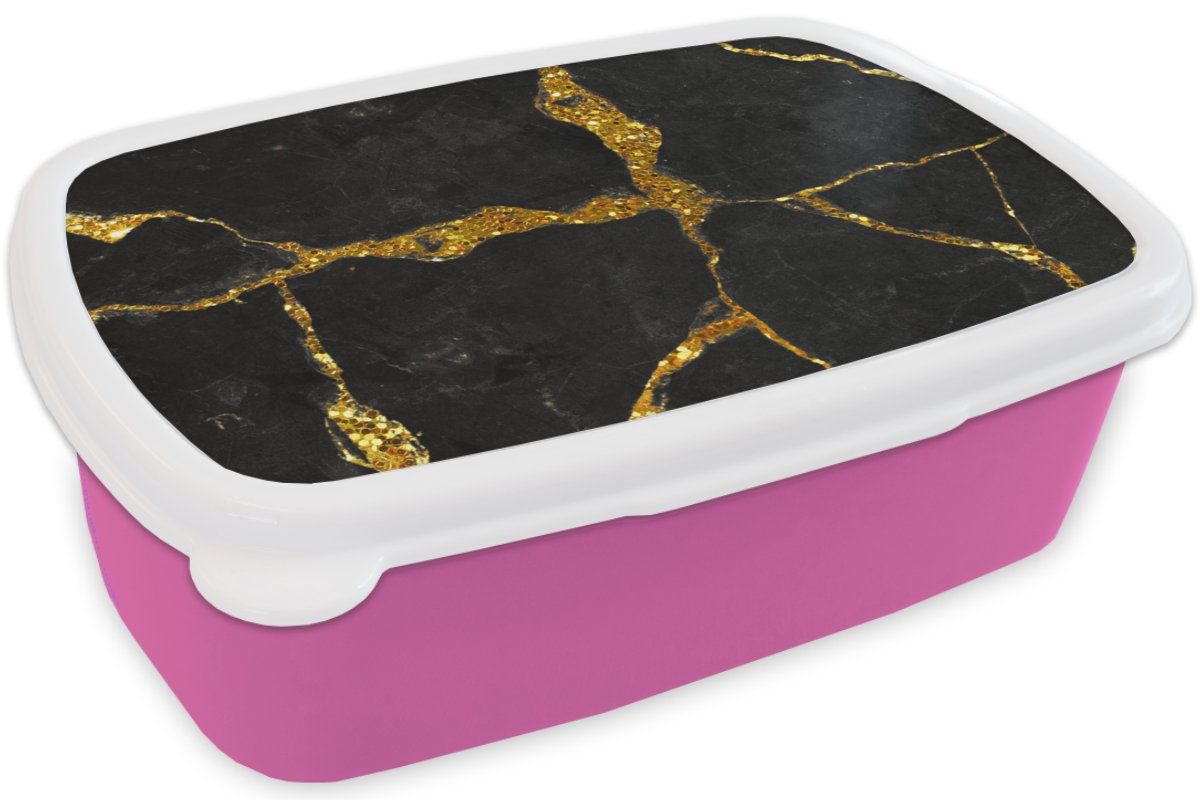- Lunchbox Erwachsene, Kinder, Kunststoff (2-tlg), Mädchen, Marmoroptik Brotdose Gold - Snackbox, Glitter, Brotbox - MuchoWow rosa - Kunststoff, Schwarz für Marmor