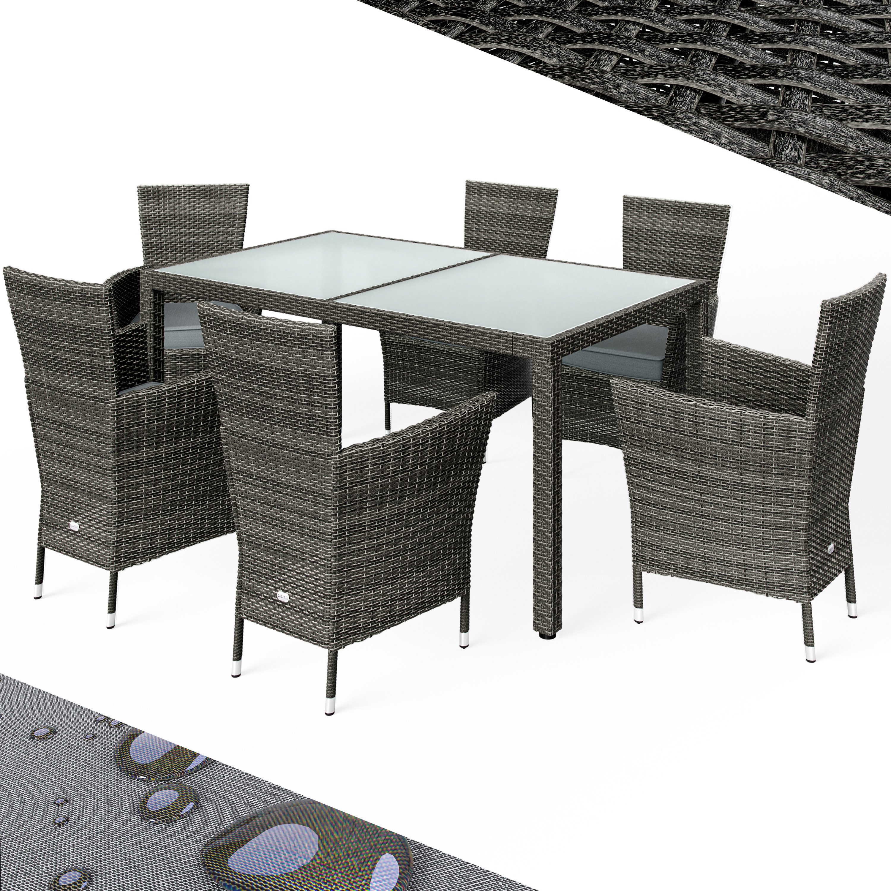 Casaria Garten-Essgruppe, (7-tlg), Gartenmöbel Set 6 Stühle inkl. 7cm Polster Tisch 150x90cm grau