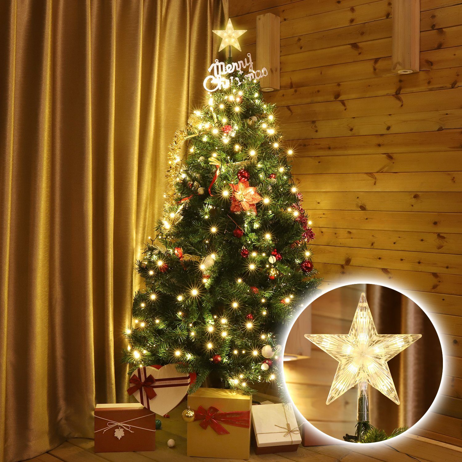 Salcar LED-Lichterkette 1,5m-3m Weihnachtsbaum Lichterkette LED mit Weihnachtsbaumspitze Stern, 8 Girlanden und 1 Sternspitze, 9 Beleuchtungsmodi und Memory-Funktion