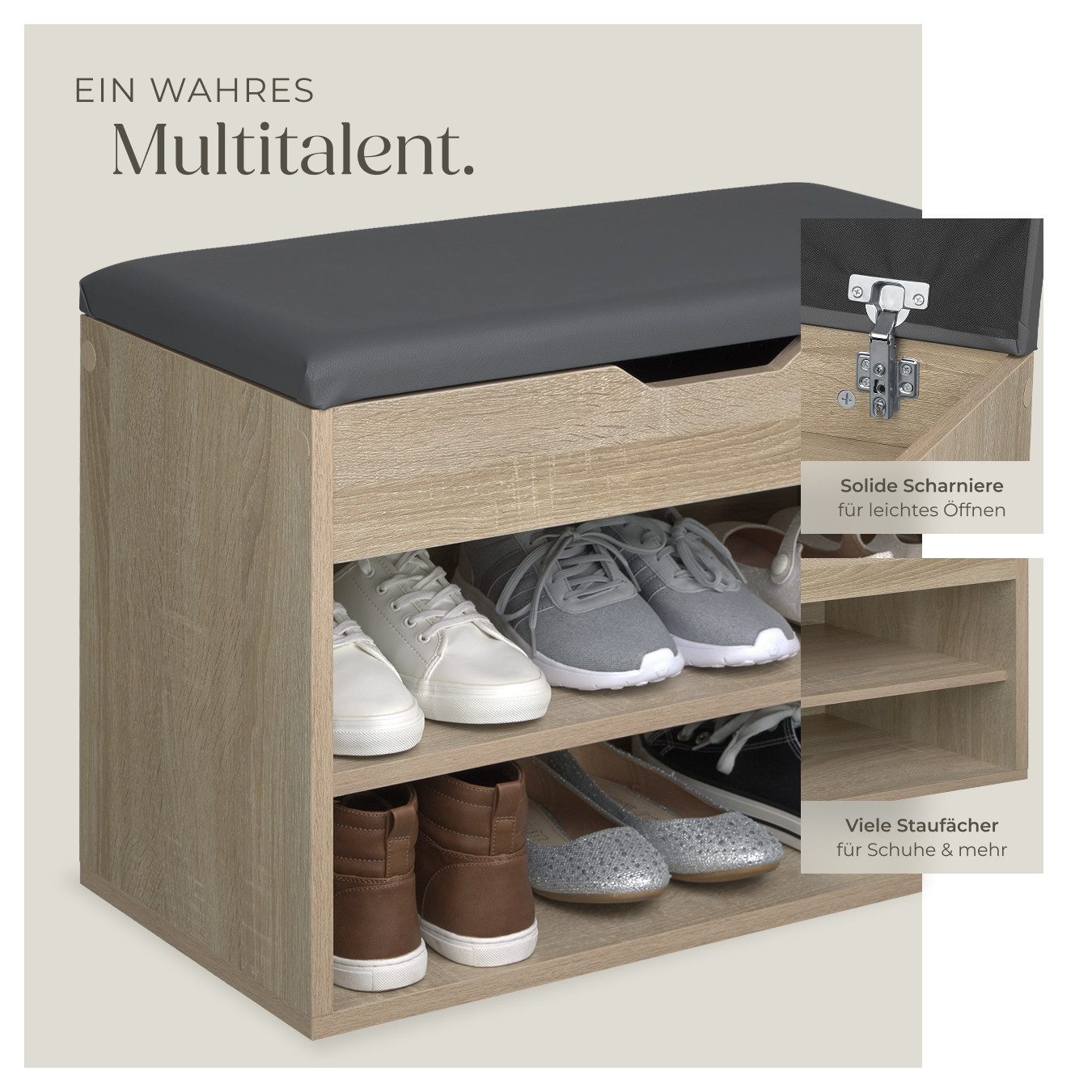 tectake Schuhschrank Schuhbank Jasmina mit Sitzpolster für 6 Paar Schuhe, 60x30x43,5cm (Komplettset, 1-St., 1-St. Holz hell, Eiche Sonoma) großes Klappfach zur  – Bild 4 von 5