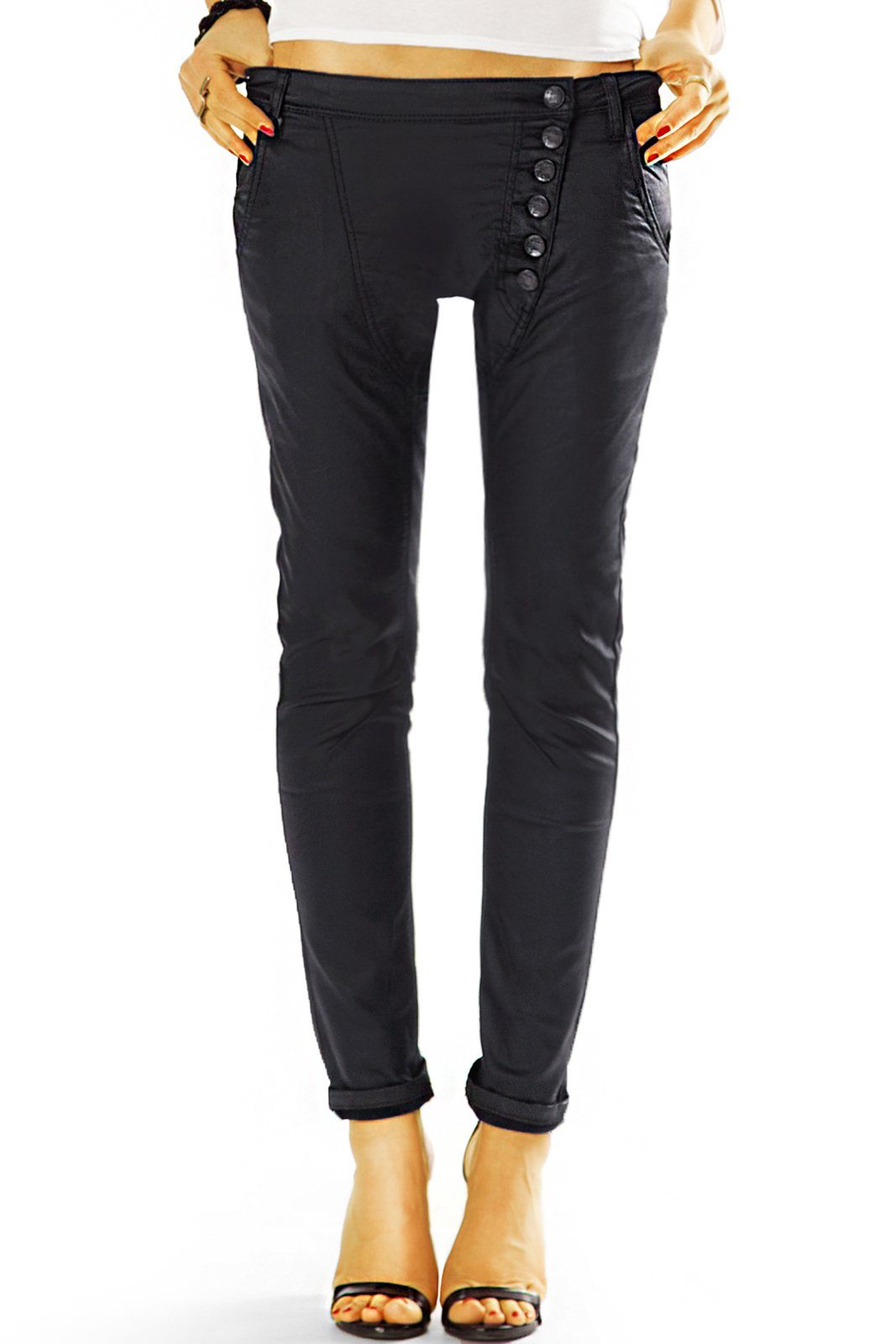 be styled Röhrenhose Vegane Lederhose mit asymmetrischer Knopfleiste - Damen - j19L-1 in Unifarben