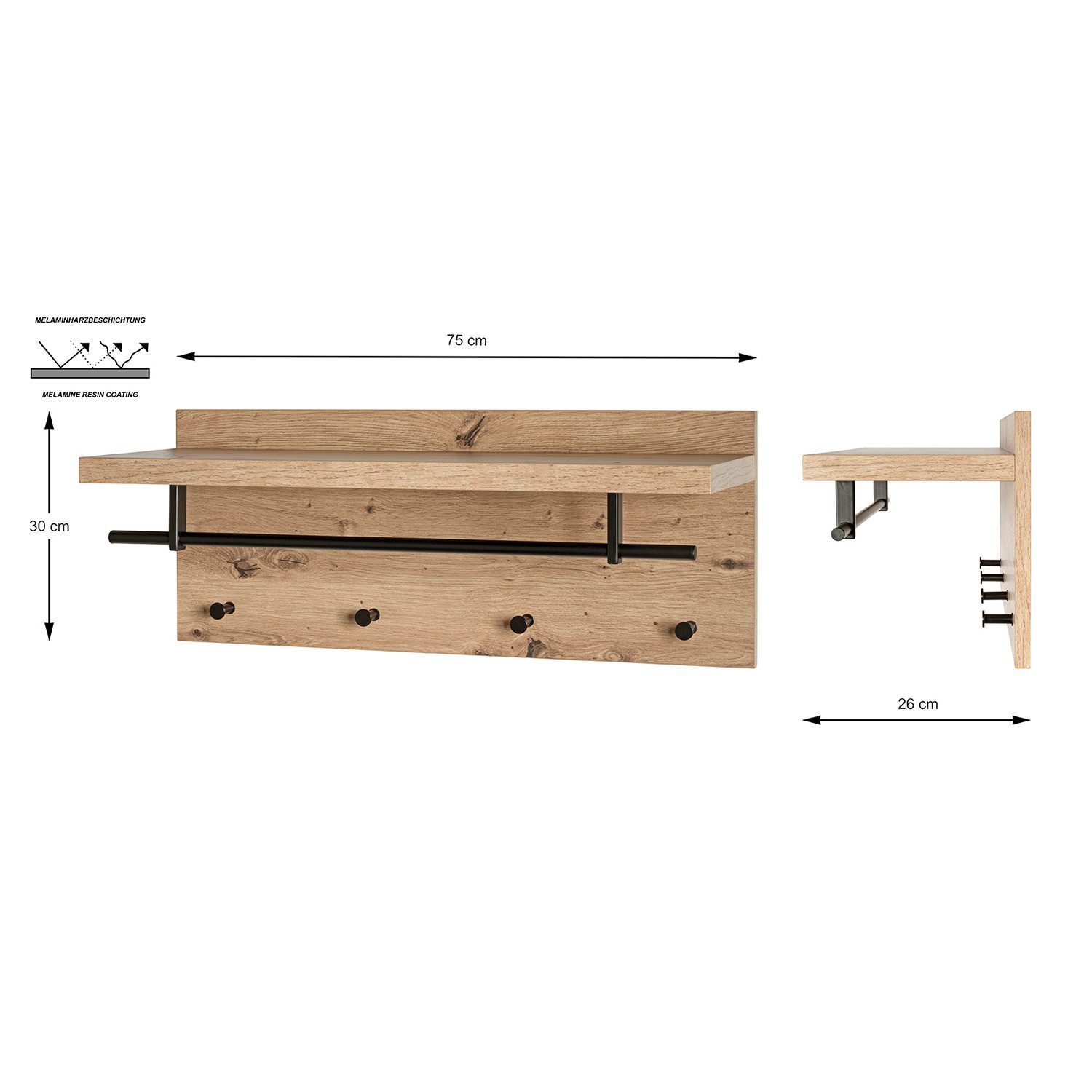 HAKU Garderobenständer PARMA 5 Garderobe - eiche-schwarz - MDF, Metall - H. 30cm x B. 75cm, (1xWandgarderobe, Wandhalterung - Wandhalter), Wandhakenleiste - Hakenleiste - Garderobenleiste - Wandhaken