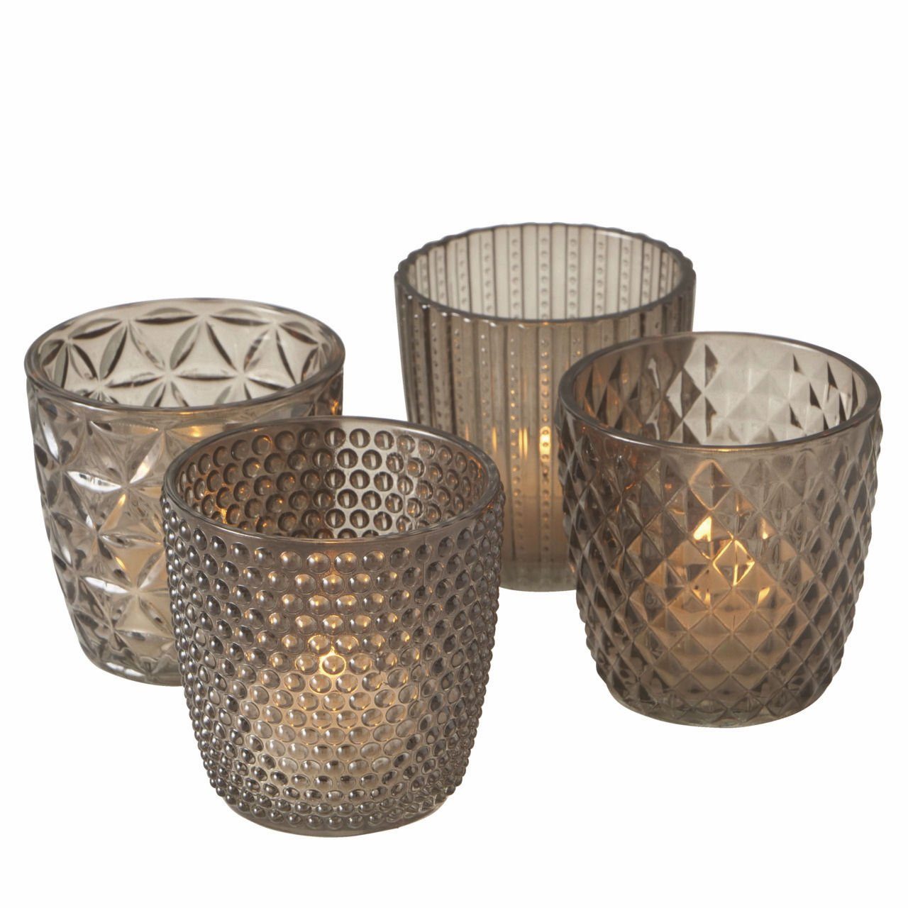 Windlicht Glas Teelichthalter 4er transparent grau