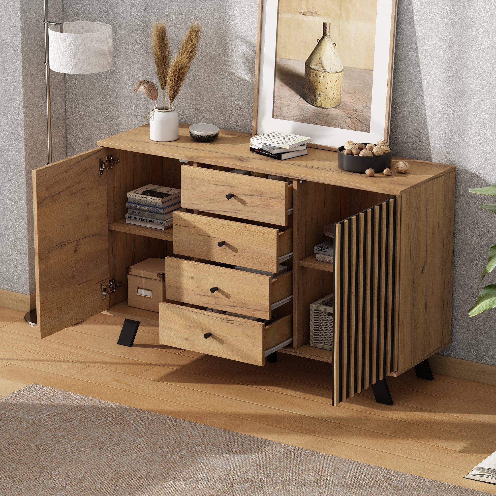 Merax Sideboard Sideboard mit Massivholzbeinen und Holzoptik (Buffetschrank, 1 St., 120*38*75 cm), Kommode mit 4 Schubladen & 2 Schränken, Anrichte mit hohlem D – Bild 2 von 5